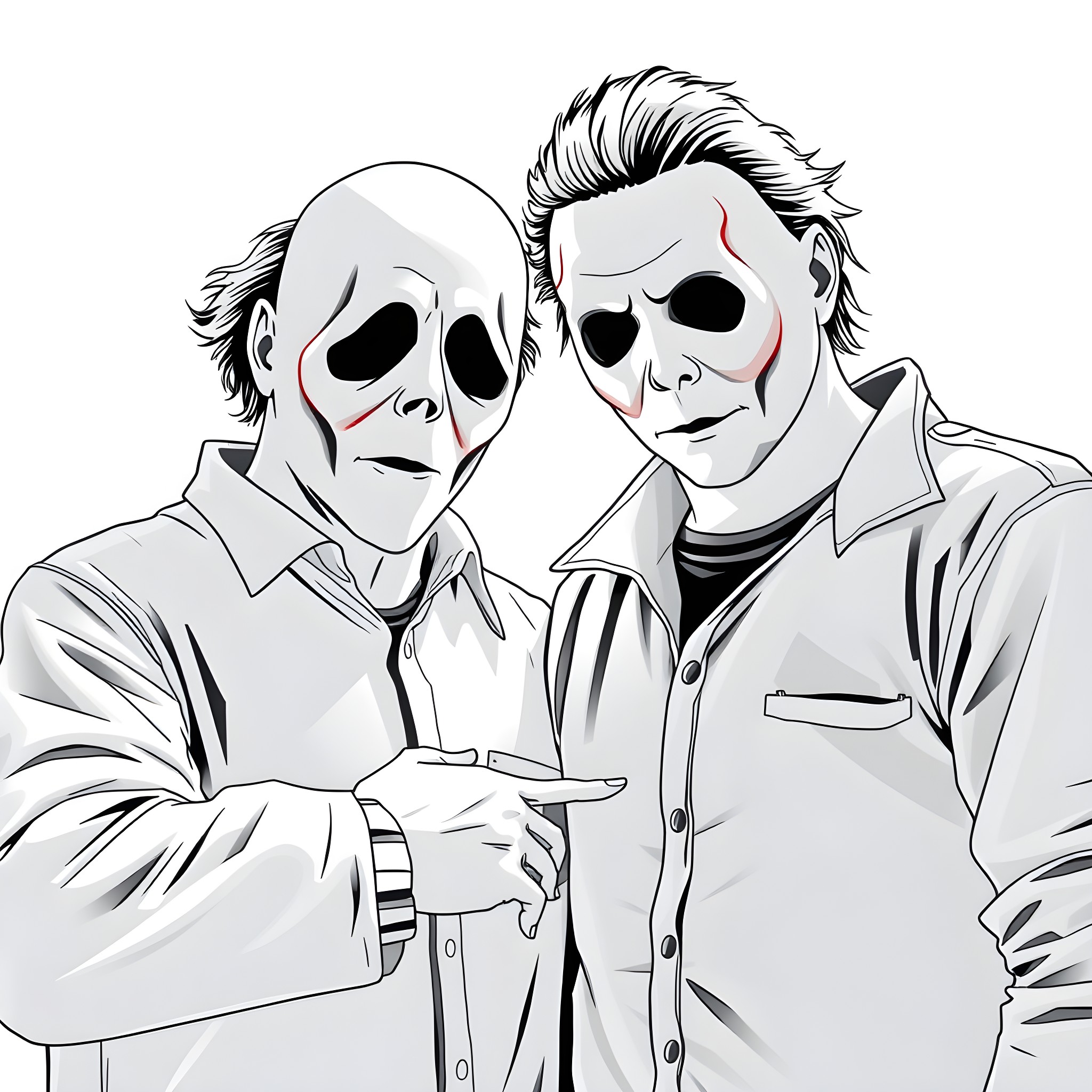 Ghost Face Killers in Uniform Coloring Page (free black-and-white line drawing printable PDF for all, from beginners to advanced learners, including children, teens, adults, and seniors)