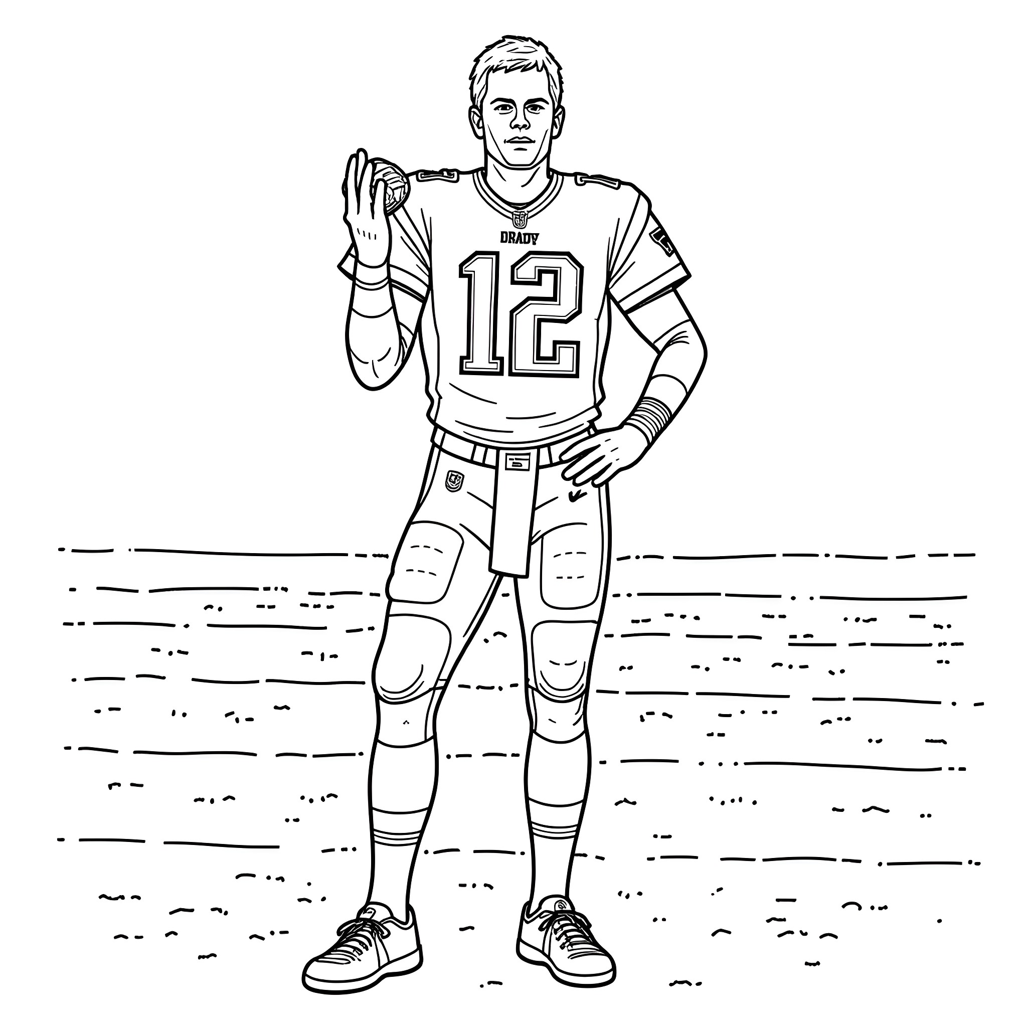 Tom Brady posing in his football uniform Coloring Page (free black-and-white line drawing printable PDF for all, from beginners to advanced learners, including children, teens, adults, and seniors)