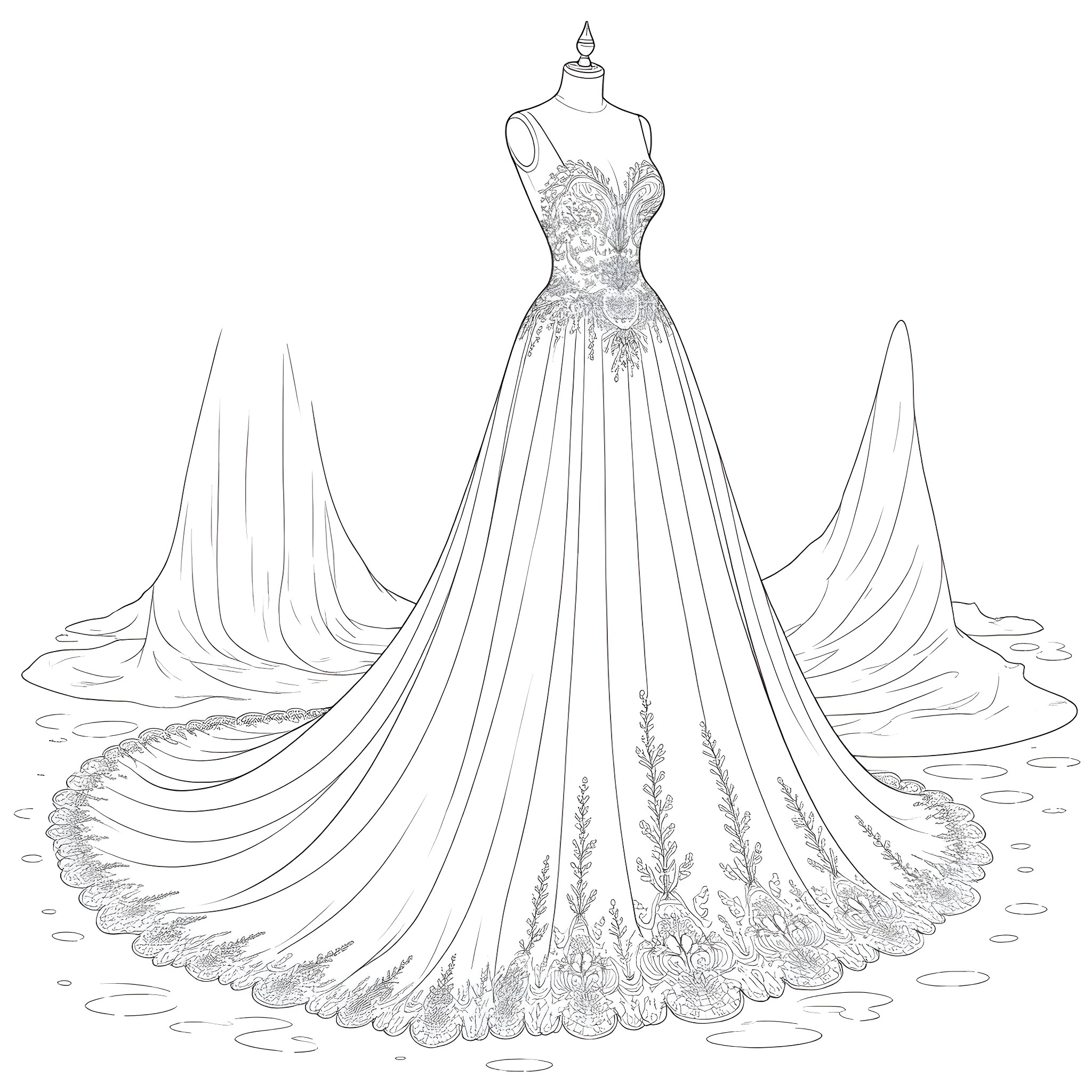 Wedding Dress with Intricate Lace Detailing and Flowing Train Coloring Page (free black-and-white line drawing printable PDF for all, from beginners to advanced learners, including children, teens, adults, and seniors)