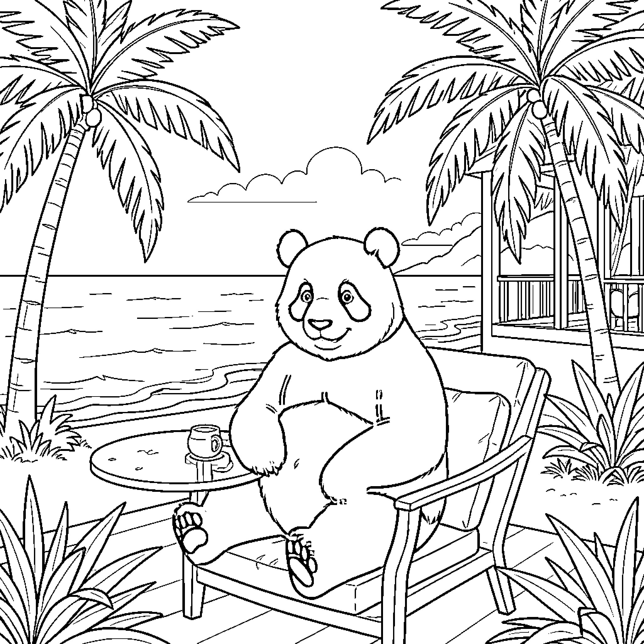 Panda relaxing in a chair by the beach Coloring Page (free black-and-white line drawing printable PDF for all, from beginners to advanced learners, including children, teens, adults, and seniors)