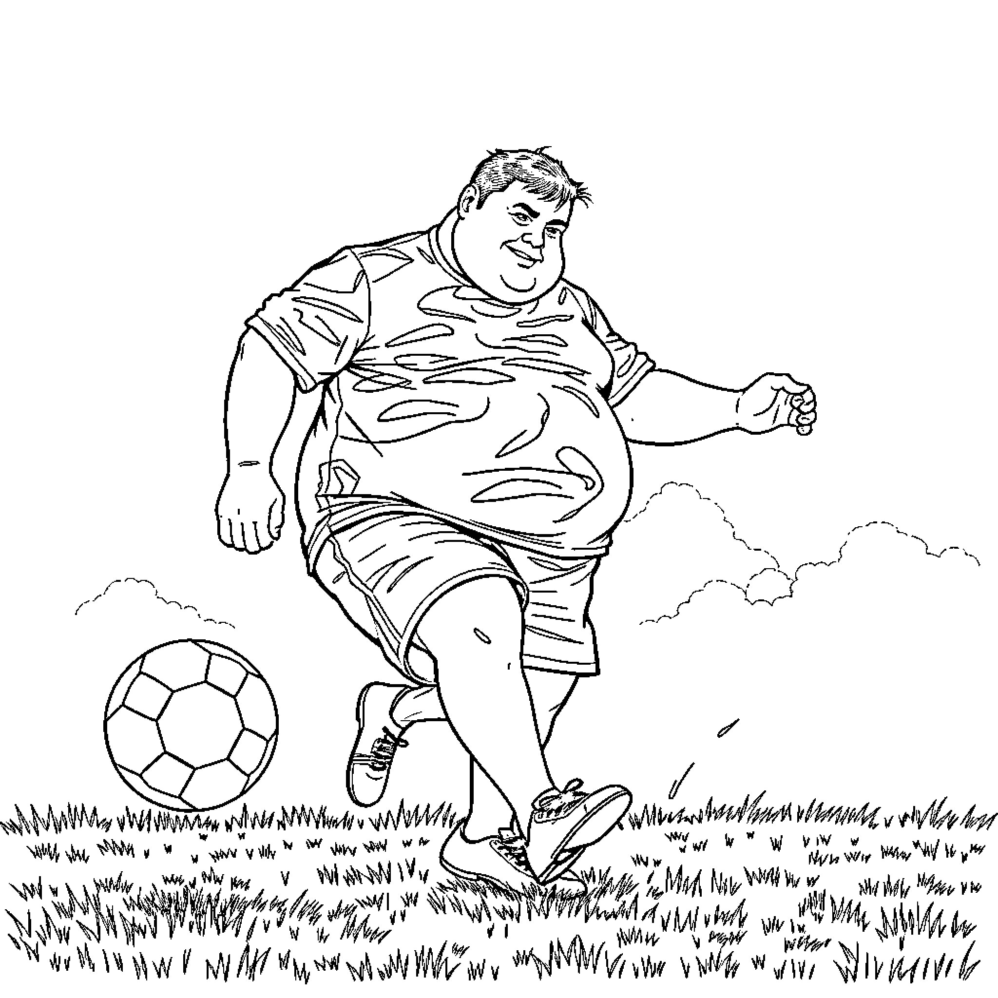 Man playing soccer on grassy field Coloring Page (free black-and-white line drawing printable PDF for all, from beginners to advanced learners, including children, teens, adults, and seniors)
