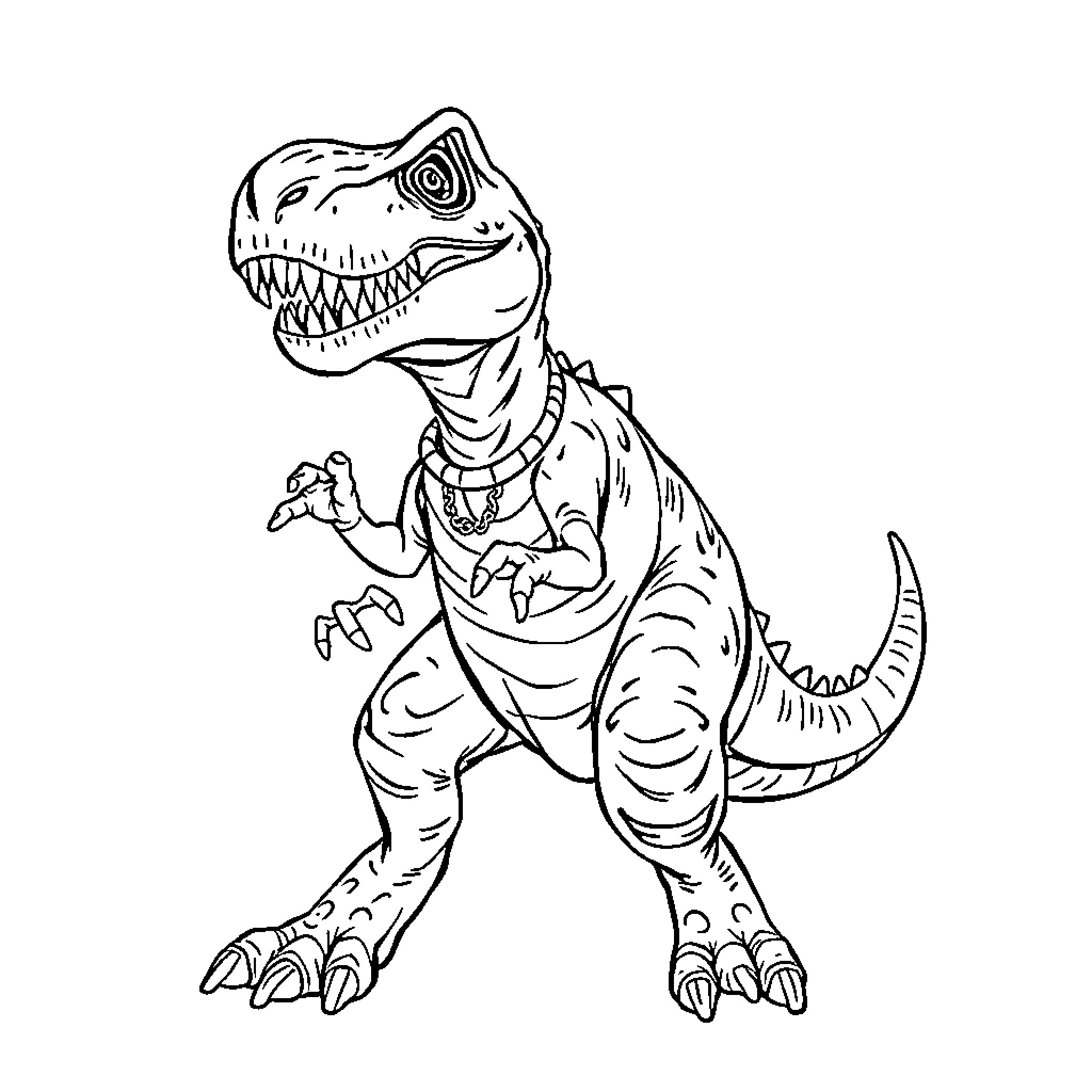 Tyrannosaurus Rex Roaring in Fierce Stance Coloring Page (free black-and-white line drawing printable PDF for all, from beginners to advanced learners, including children, teens, adults, and seniors)