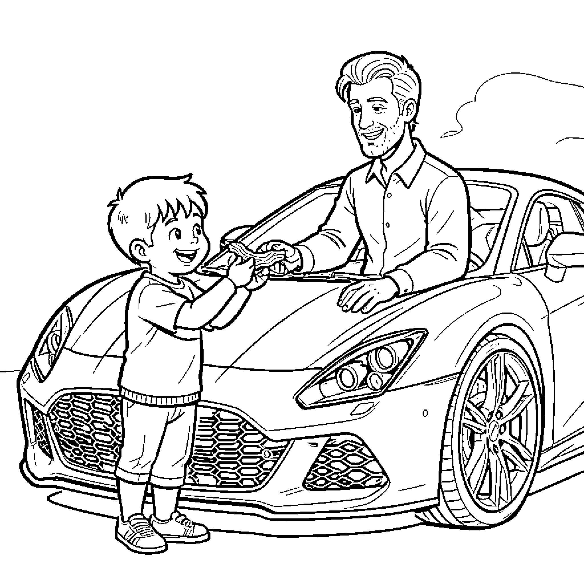 Person and child admiring sports car Coloring Page (free black-and-white line drawing printable PDF for all, from beginners to advanced learners, including children, teens, adults, and seniors)