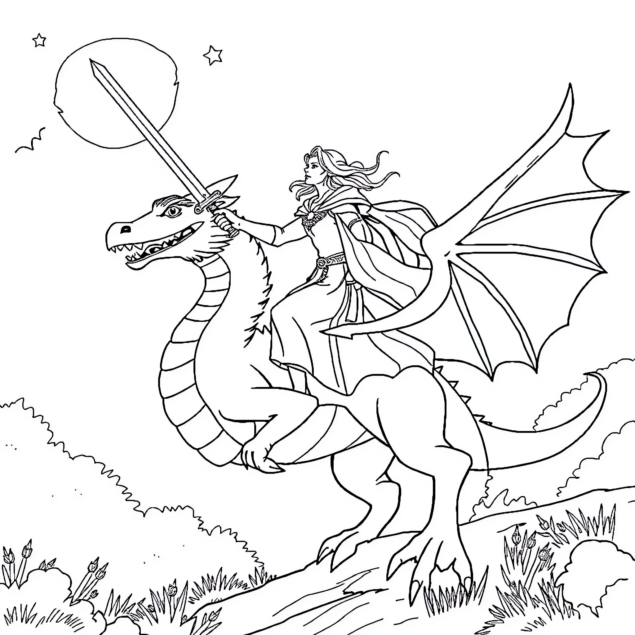 Merkel riding a dragon in a fantasy landscape Coloring Page (free black-and-white line drawing printable PDF for all, from beginners to advanced learners, including children, teens, adults, and seniors)