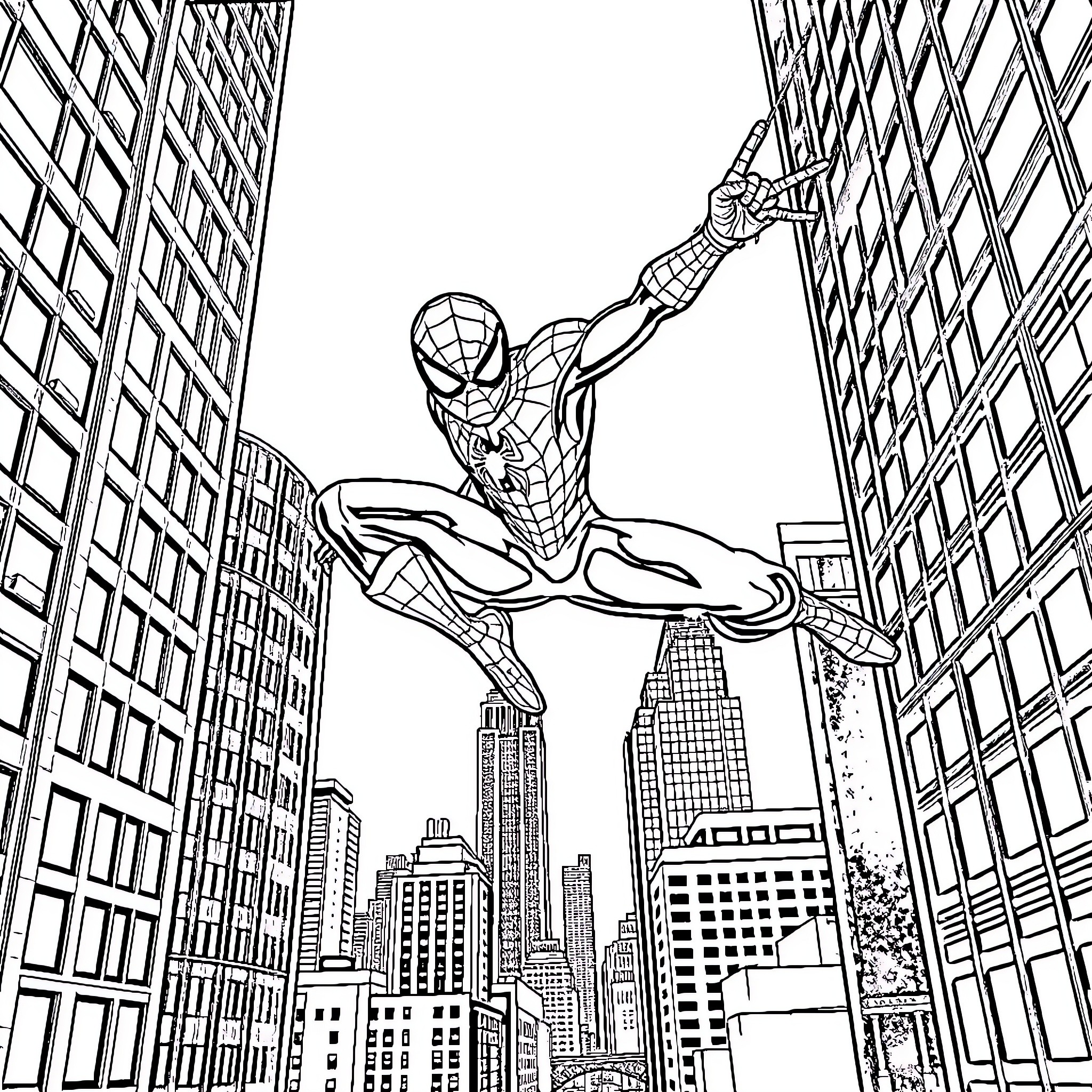 Spiderman swinging through the city streets Coloring Page (free black-and-white line drawing printable PDF for all, from beginners to advanced learners, including children, teens, adults, and seniors)