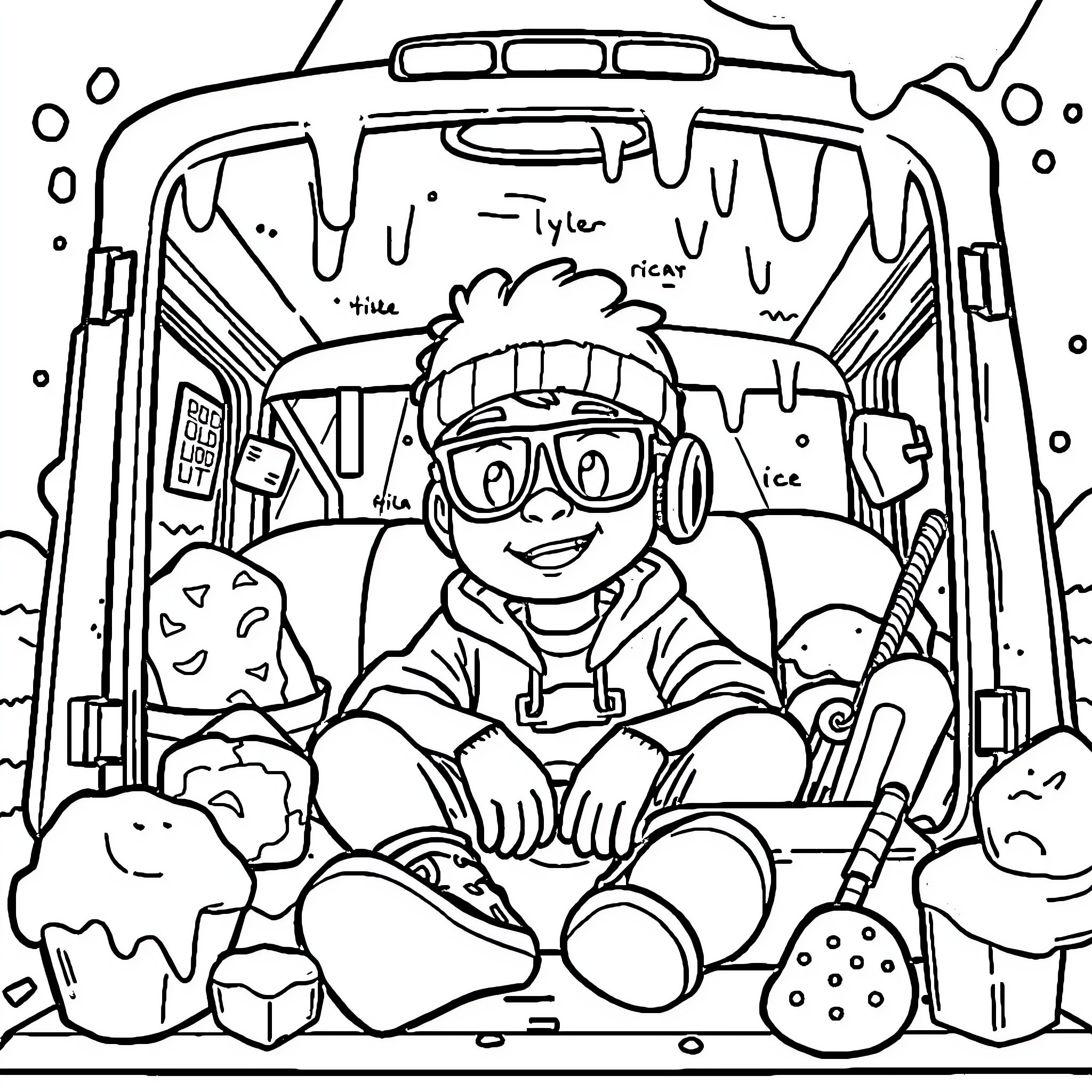 Tyler's Snowy Adventure in the Cozy Truck Coloring Page (free black-and-white line drawing printable PDF for all, from beginners to advanced learners, including children, teens, adults, and seniors)