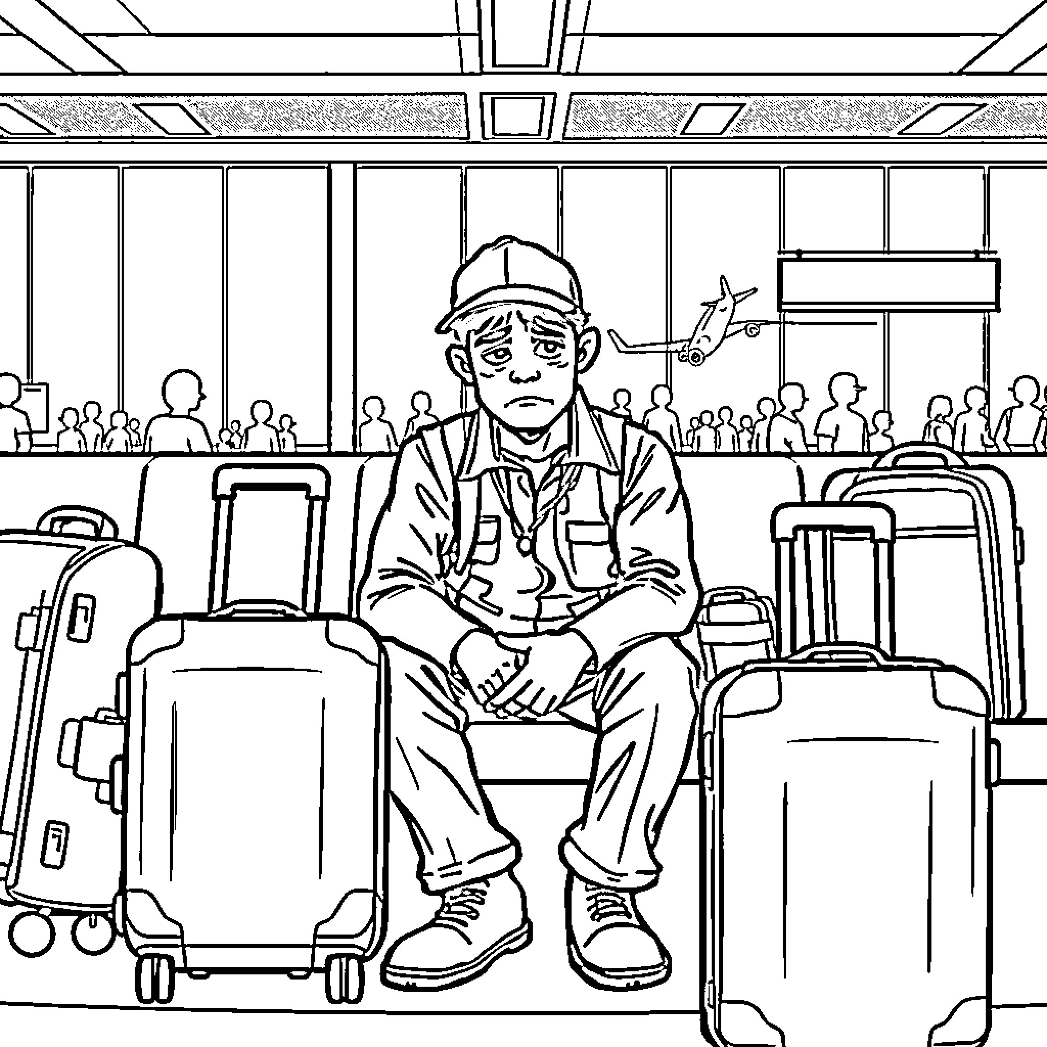 Baggage Handler Waiting at the Terminal Coloring Page (free black-and-white line drawing printable PDF for all, from beginners to advanced learners, including children, teens, adults, and seniors)