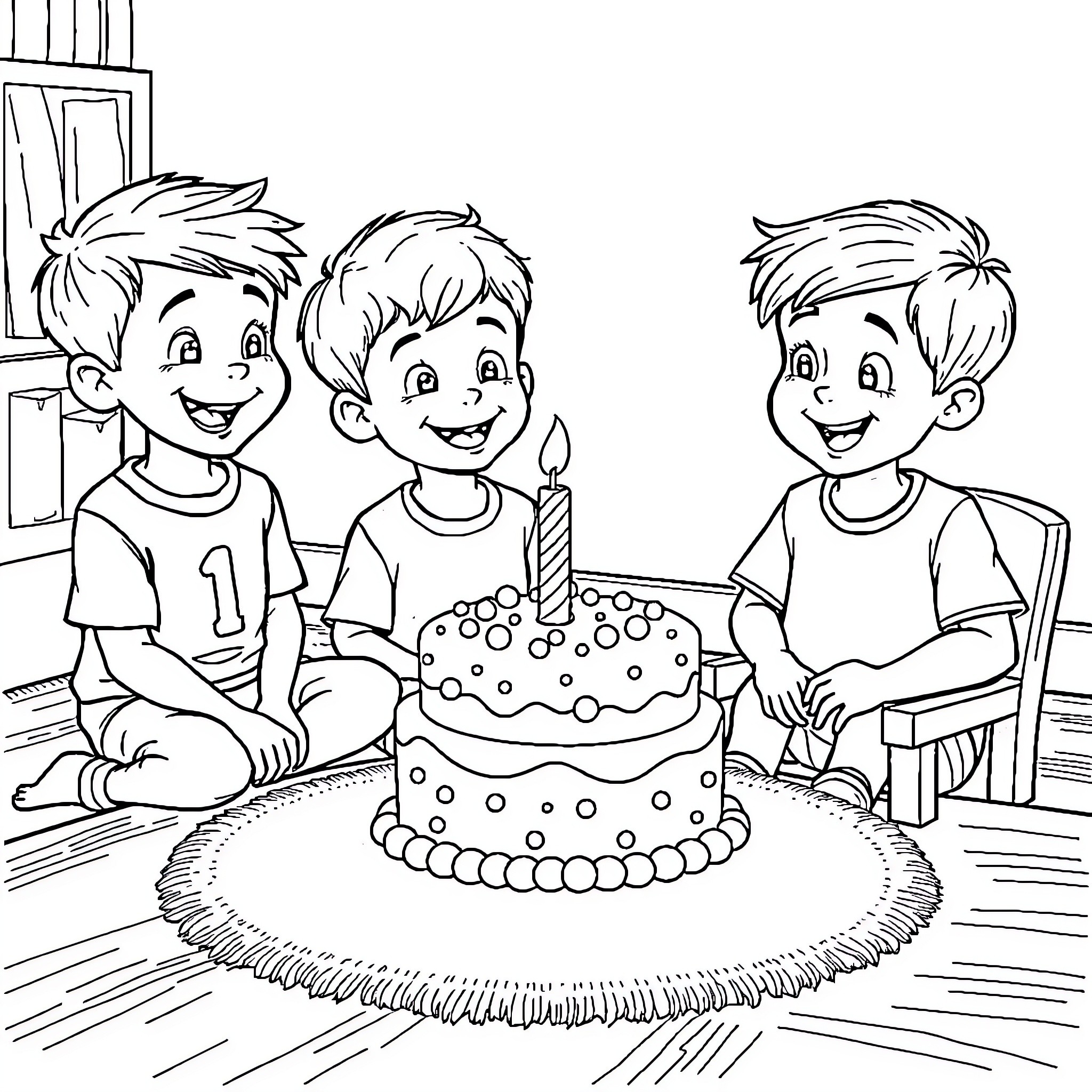 Boy celebrates birthday with friends and cake Coloring Page (free black-and-white line drawing printable PDF for all, from beginners to advanced learners, including children, teens, adults, and seniors)
