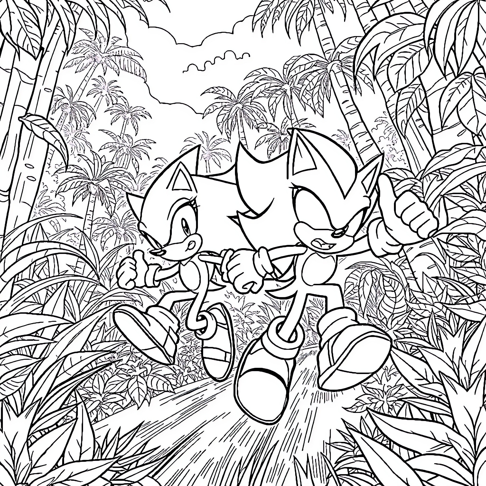 Sonic and Friends Adventuring in the Tropical Jungle Coloring Page (free black-and-white line drawing printable PDF for all, from beginners to advanced learners, including children, teens, adults, and seniors)