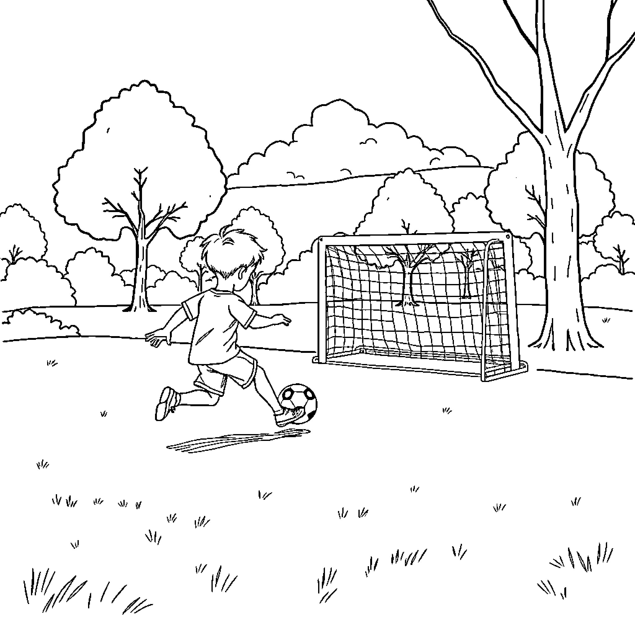 Boy playing soccer in the park Coloring Page (free black-and-white line drawing printable PDF for all, from beginners to advanced learners, including children, teens, adults, and seniors)