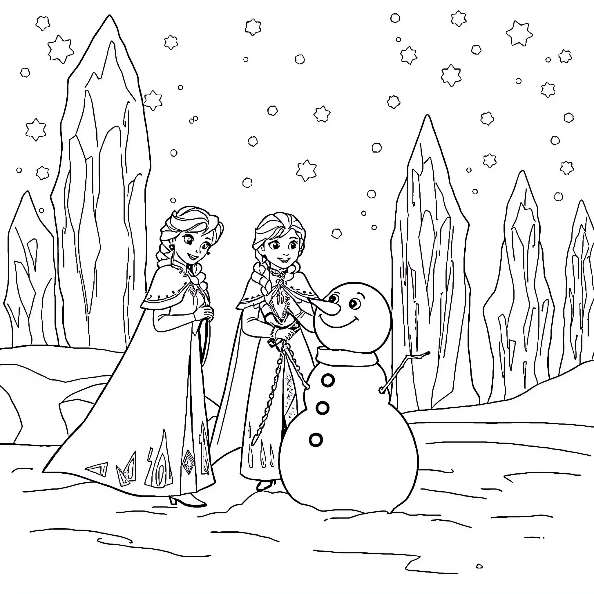 Elsa and Anna build a snowman in a winter wonderland Coloring Page (free black-and-white line drawing printable PDF for all, from beginners to advanced learners, including children, teens, adults, and seniors)
