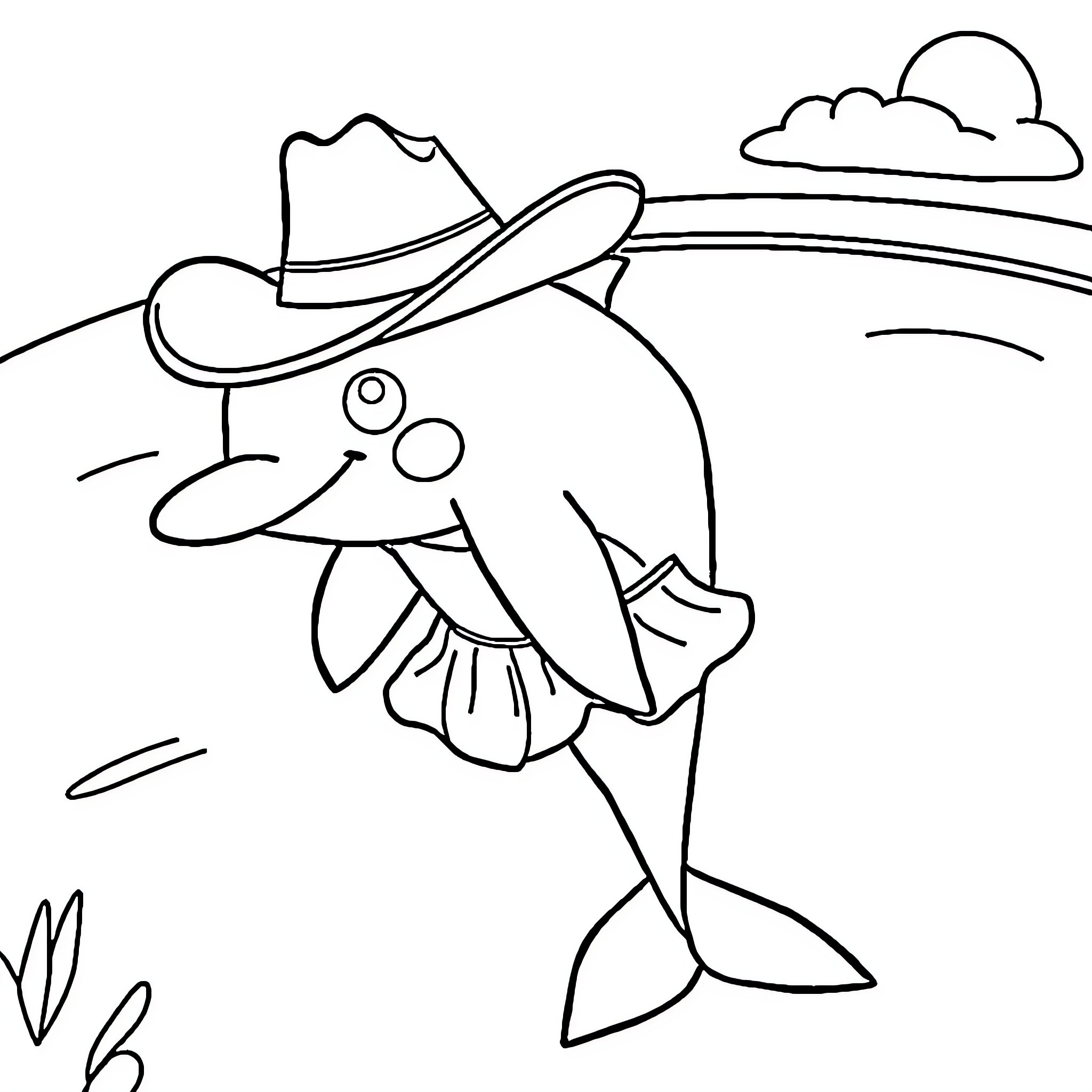 Dolphin wearing a cowboy hat in a rural landscape Coloring Page (free black-and-white line drawing printable PDF for all, from beginners to advanced learners, including children, teens, adults, and seniors)