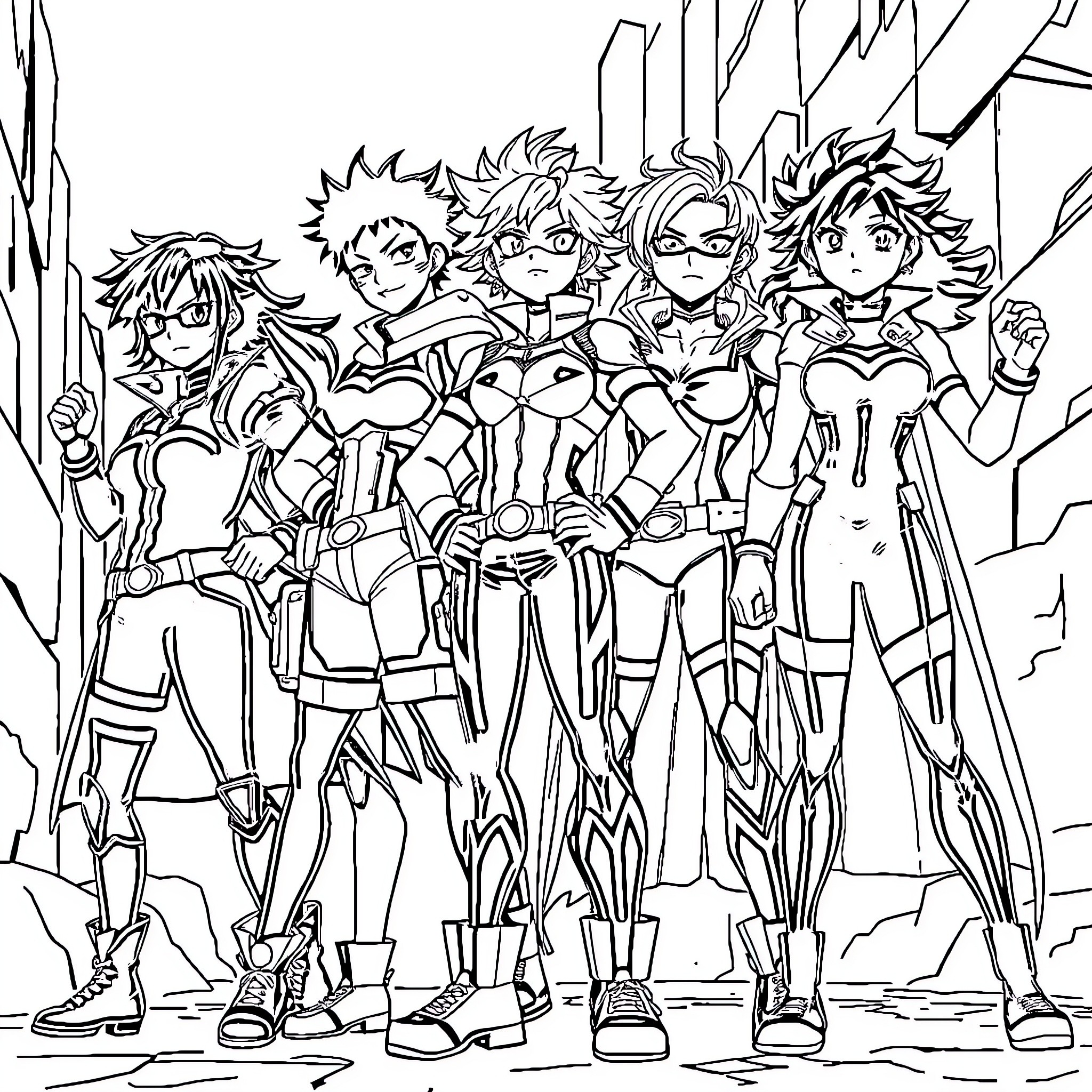 Hero Group Gathers for Action Coloring Page (free black-and-white line drawing printable PDF for all, from beginners to advanced learners, including children, teens, adults, and seniors)