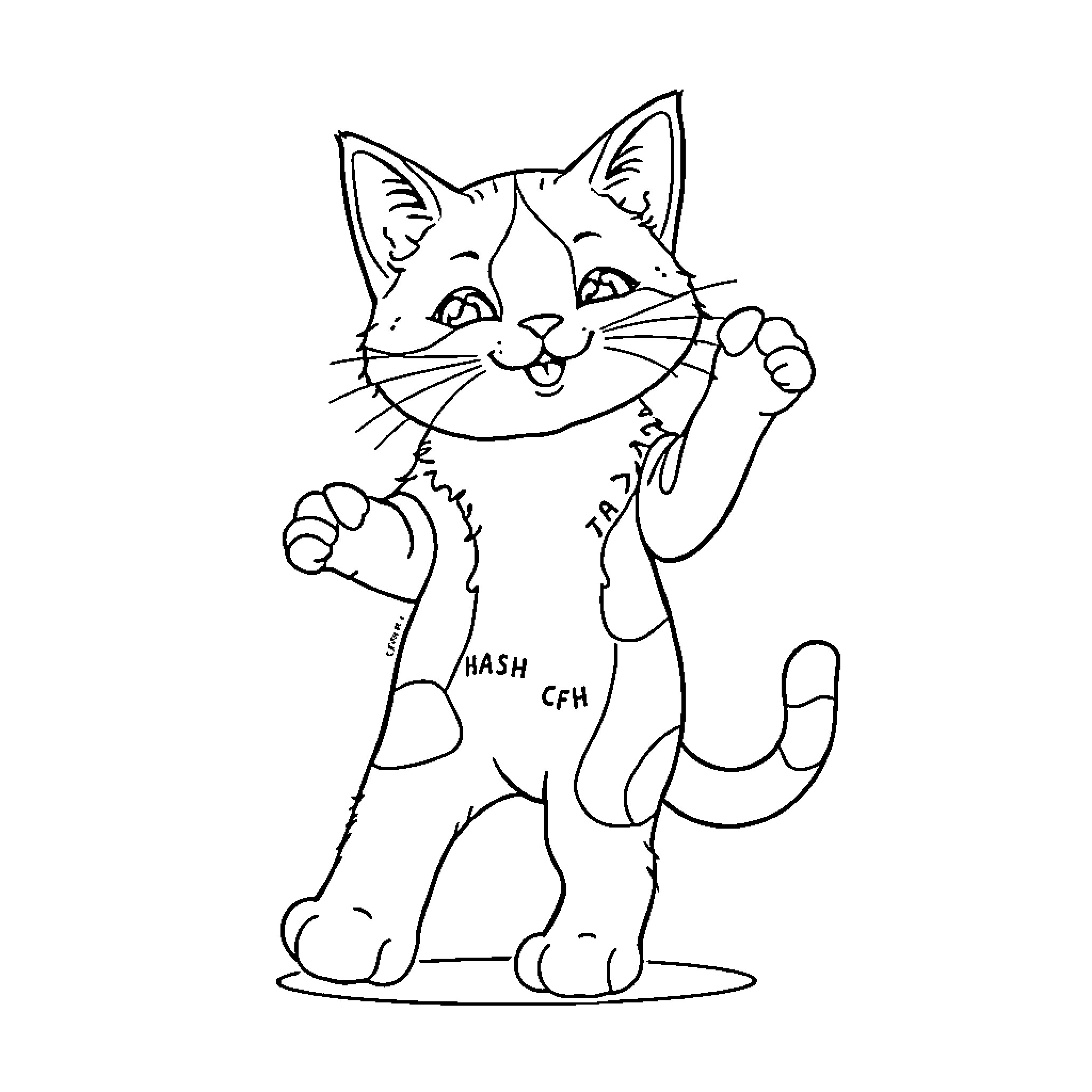 Calico Cat showing playful expressions Coloring Page (free black-and-white line drawing printable PDF for all, from beginners to advanced learners, including children, teens, adults, and seniors)
