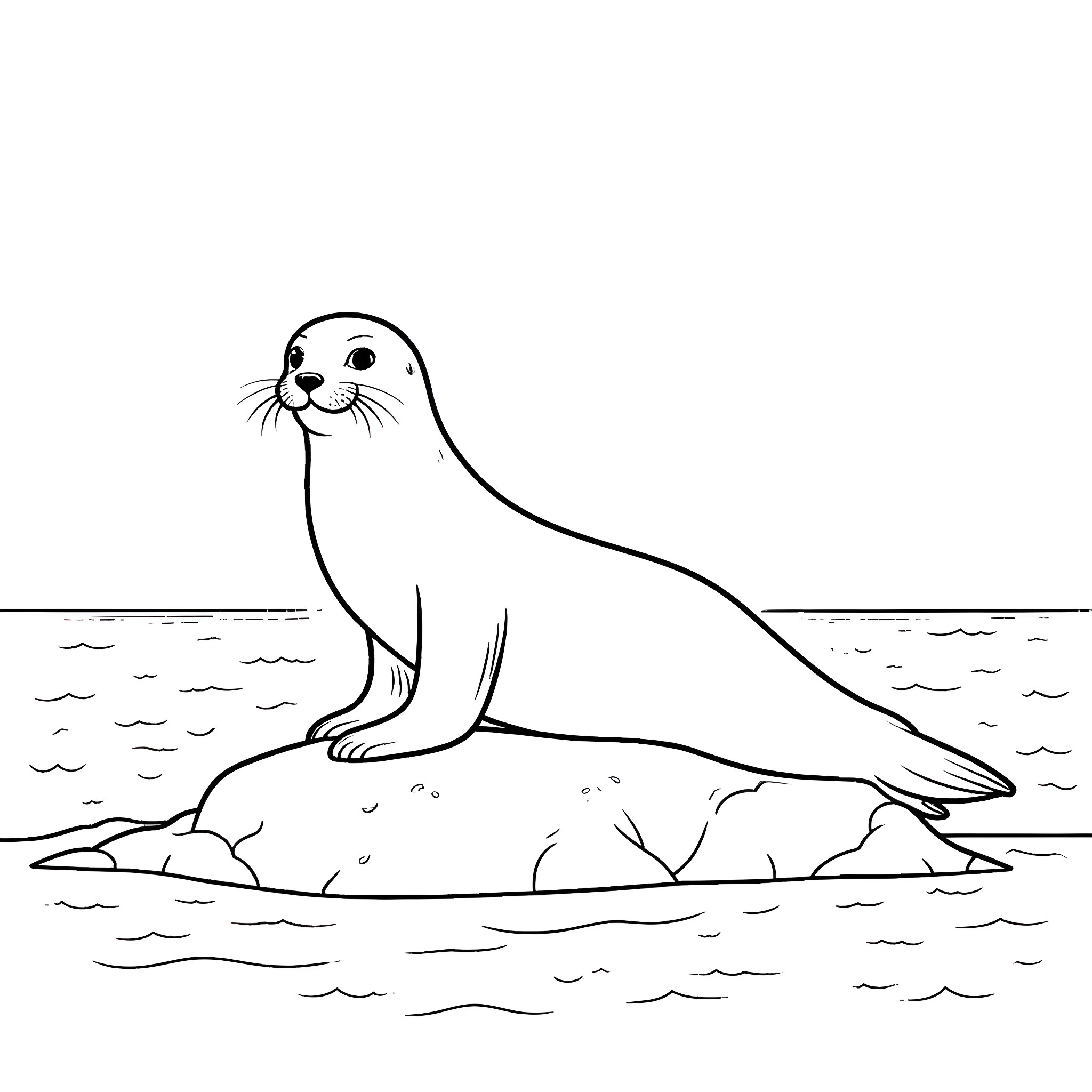 Sea Lion resting on a rock by the ocean Coloring Page (free black-and-white line drawing printable PDF for all, from beginners to advanced learners, including children, teens, adults, and seniors)
