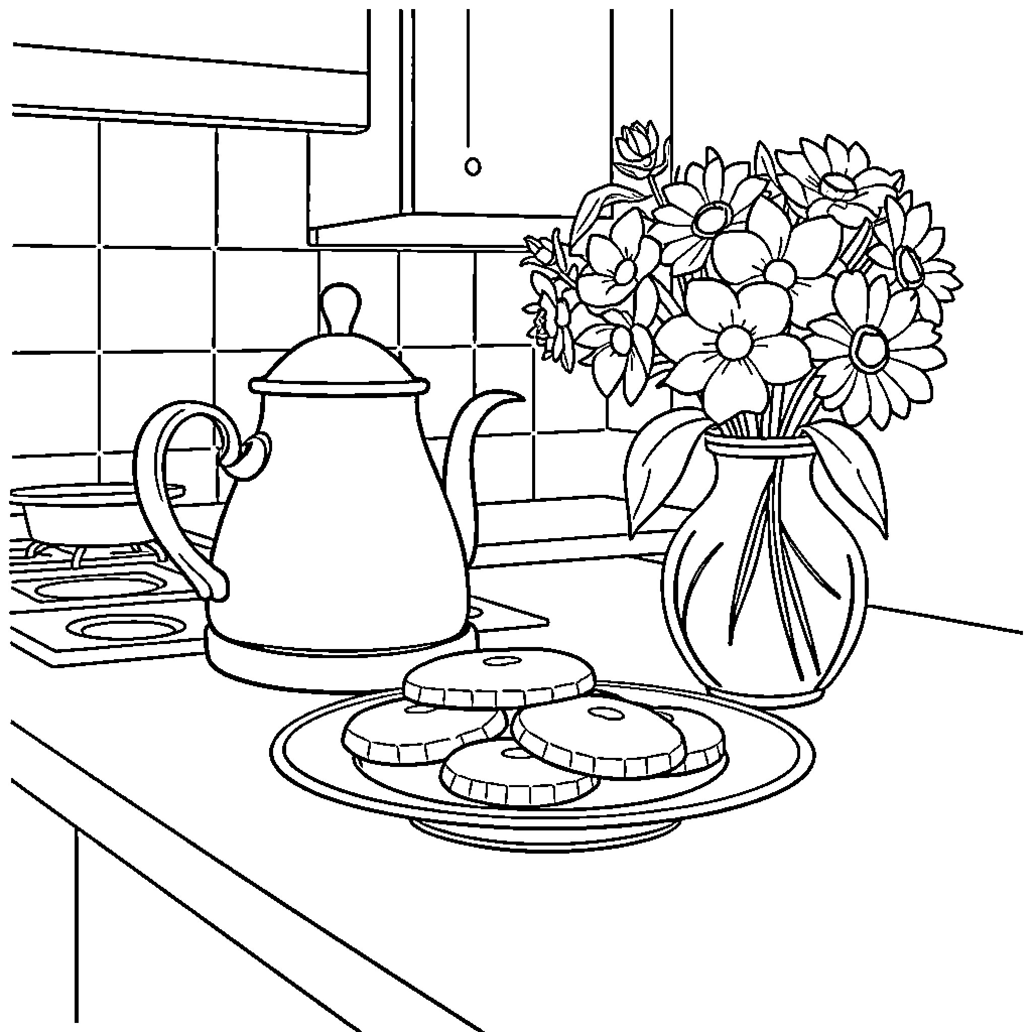 Teapot and flowers on a kitchen counter Coloring Page (free black-and-white line drawing printable PDF for all, from beginners to advanced learners, including children, teens, adults, and seniors)