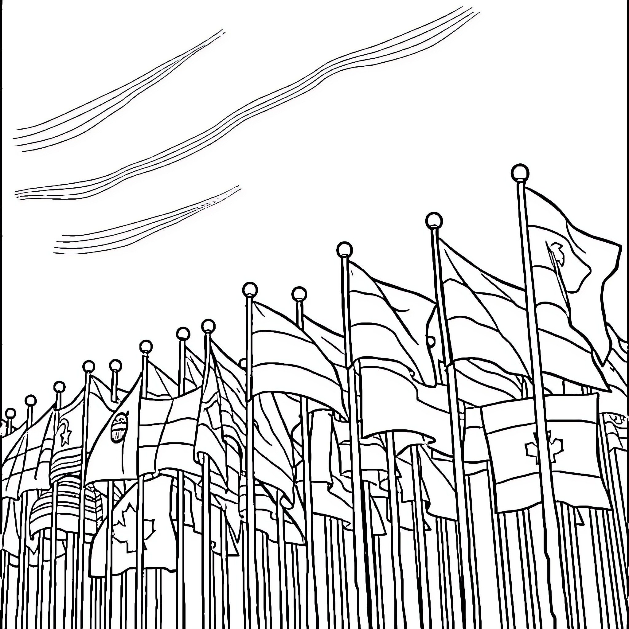 World Flag Parade of Diverse National Symbols Coloring Page (free black-and-white line drawing printable PDF for all, from beginners to advanced learners, including children, teens, adults, and seniors)