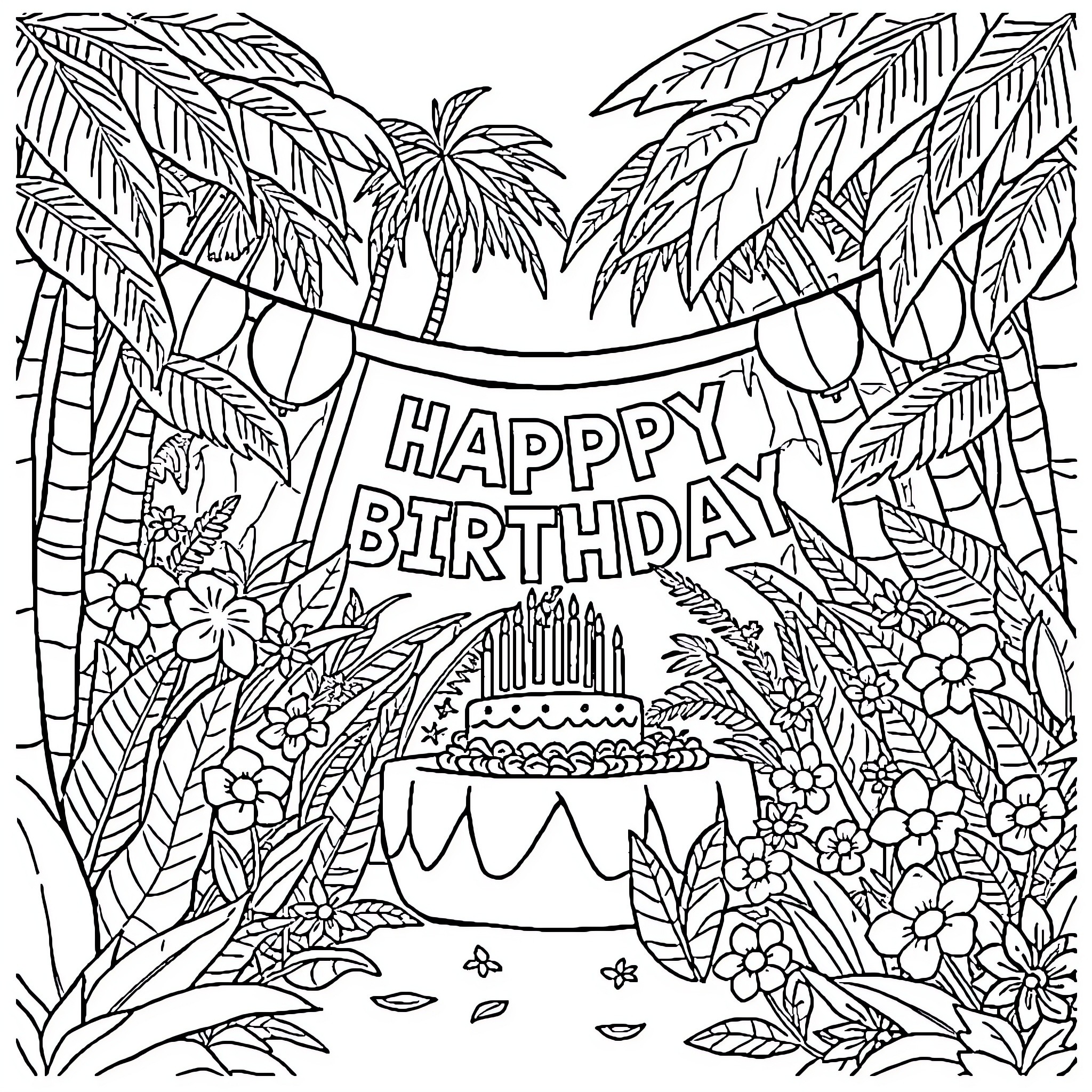 Rainforest birthday celebration with tropical nature Coloring Page (free black-and-white line drawing printable PDF for all, from beginners to advanced learners, including children, teens, adults, and seniors)