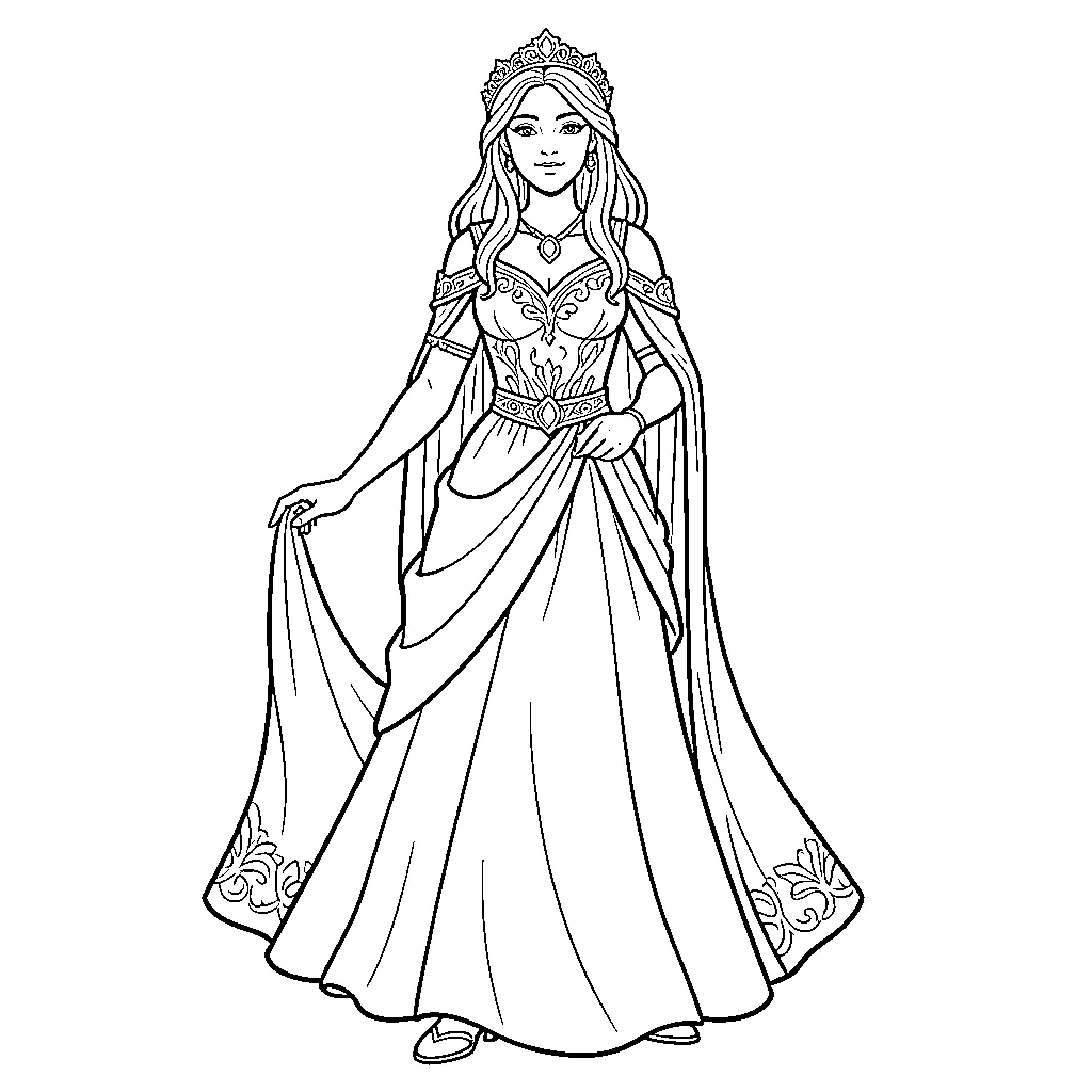 Theodora standing elegantly in a royal gown and crown Coloring Page (free black-and-white line drawing printable PDF for all, from beginners to advanced learners, including children, teens, adults, and seniors)
