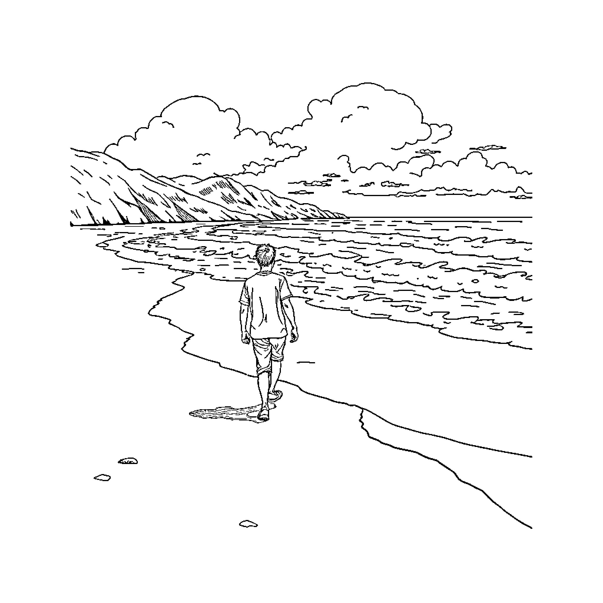 Man strolling along a serene beach Coloring Page (free black-and-white line drawing printable PDF for all, from beginners to advanced learners, including children, teens, adults, and seniors)