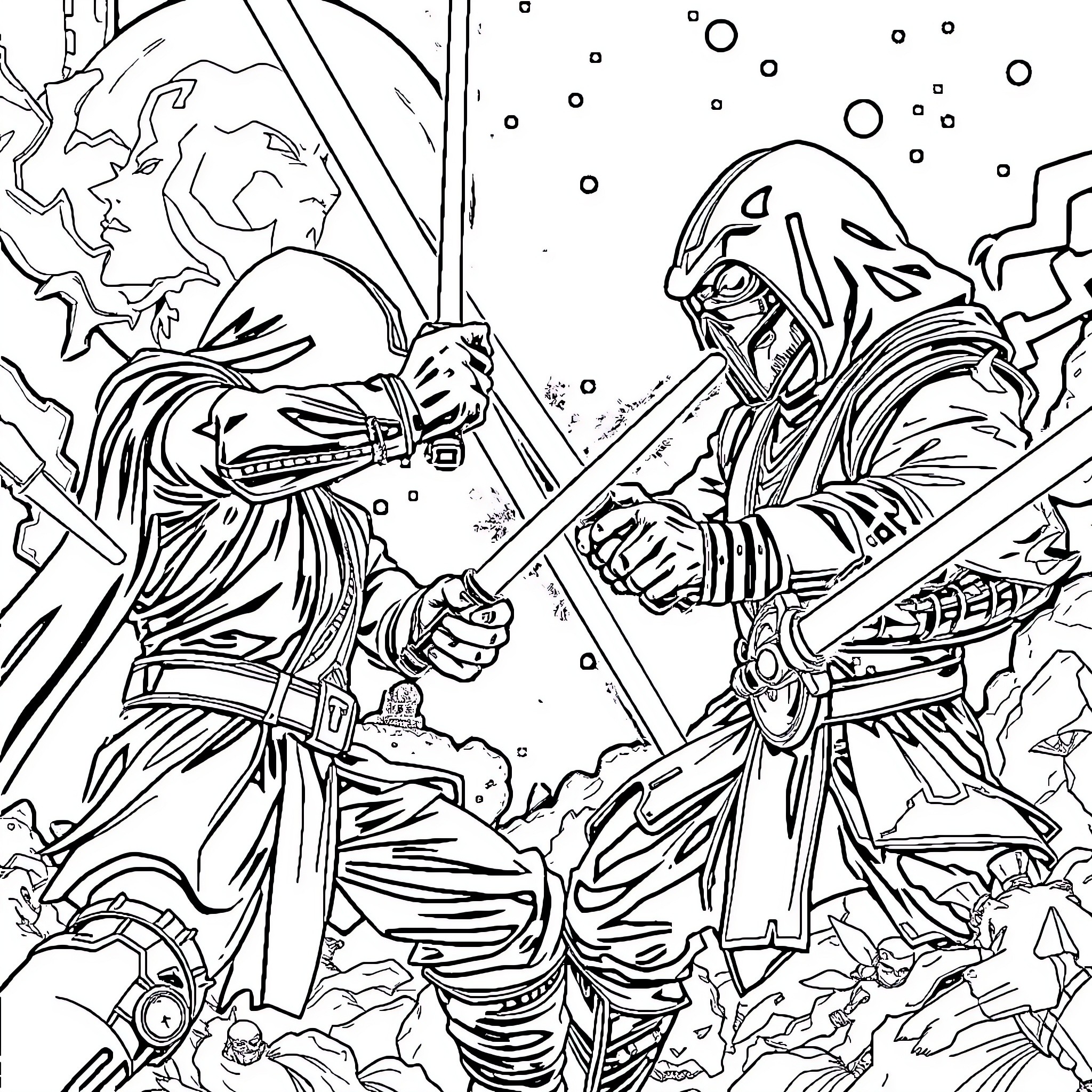 Star Wars: Galactic Clash of Lightsabers Coloring Page (free black-and-white line drawing printable PDF for all, from beginners to advanced learners, including children, teens, adults, and seniors)