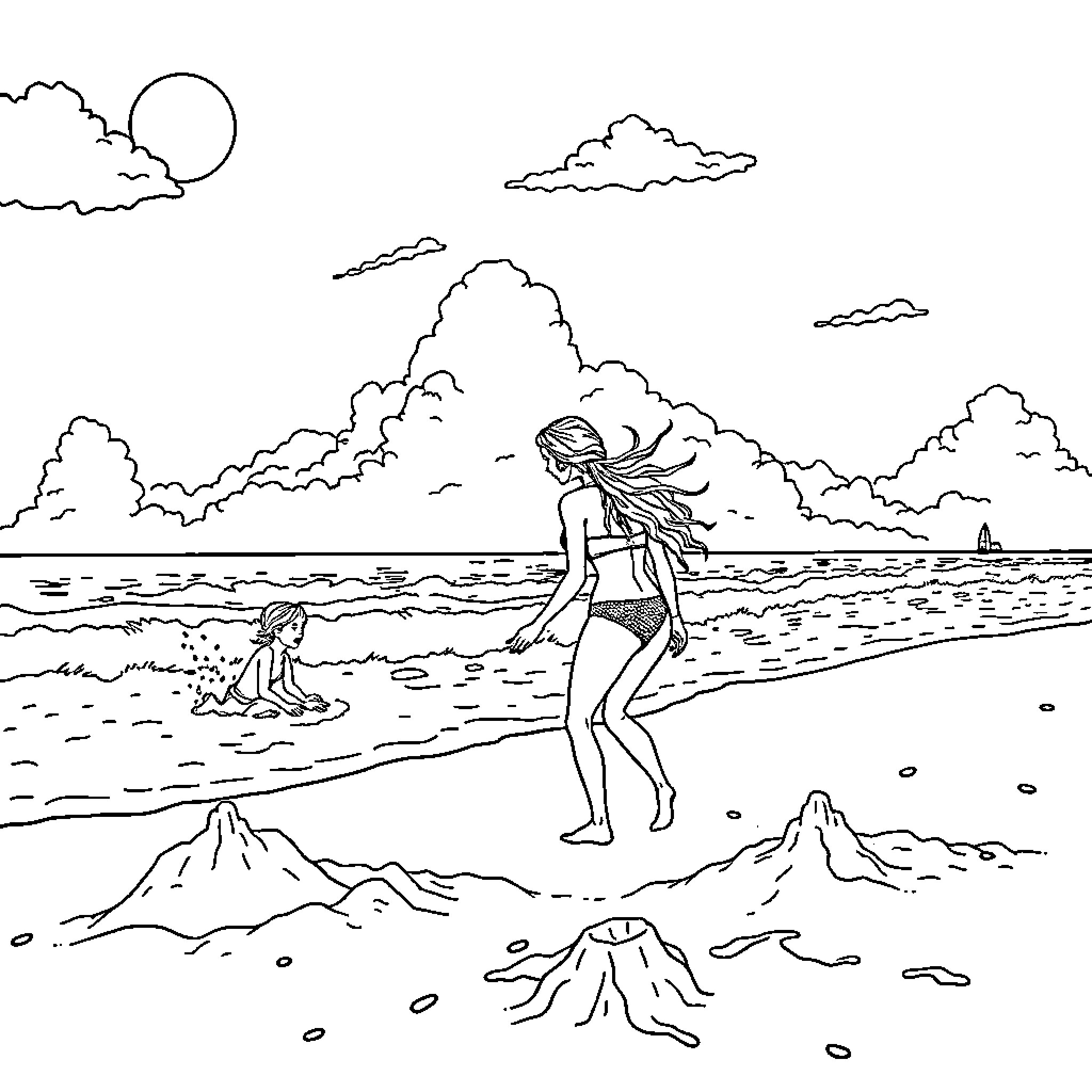 Woman enjoying a day at the beach Coloring Page (free black-and-white line drawing printable PDF for all, from beginners to advanced learners, including children, teens, adults, and seniors)