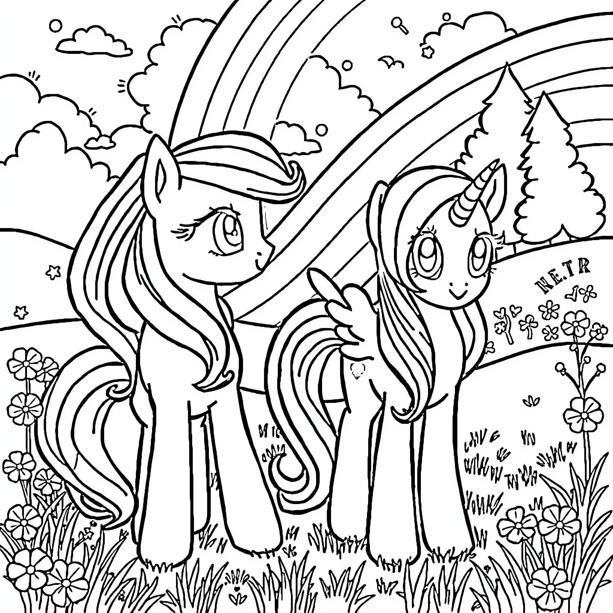 Pony friends enjoying a magical day in the meadow Coloring Page (free black-and-white line drawing printable PDF for all, from beginners to advanced learners, including children, teens, adults, and seniors)