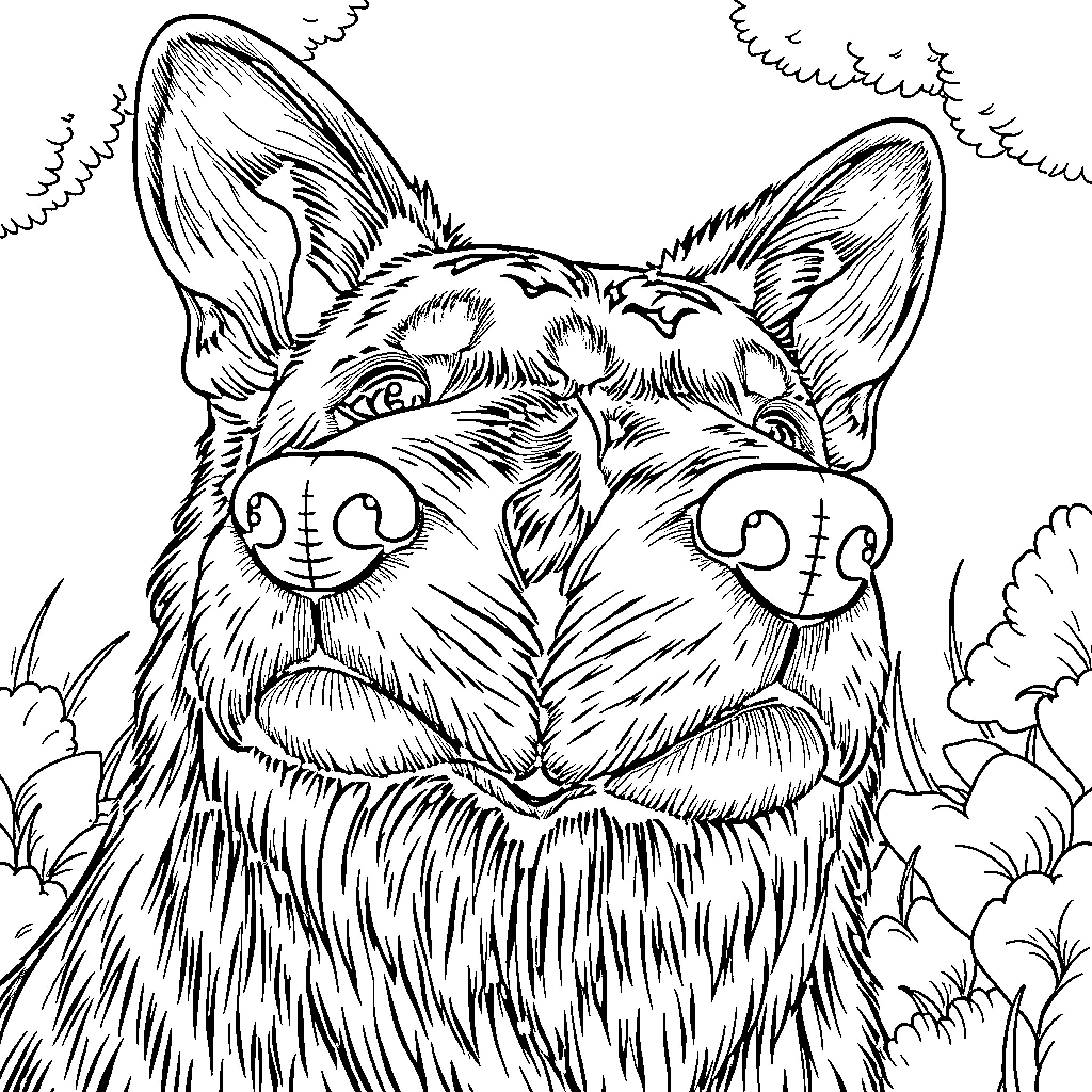 Three-Headed Dog Having a Quirky Adventure Coloring Page (free black-and-white line drawing printable PDF for all, from beginners to advanced learners, including children, teens, adults, and seniors)