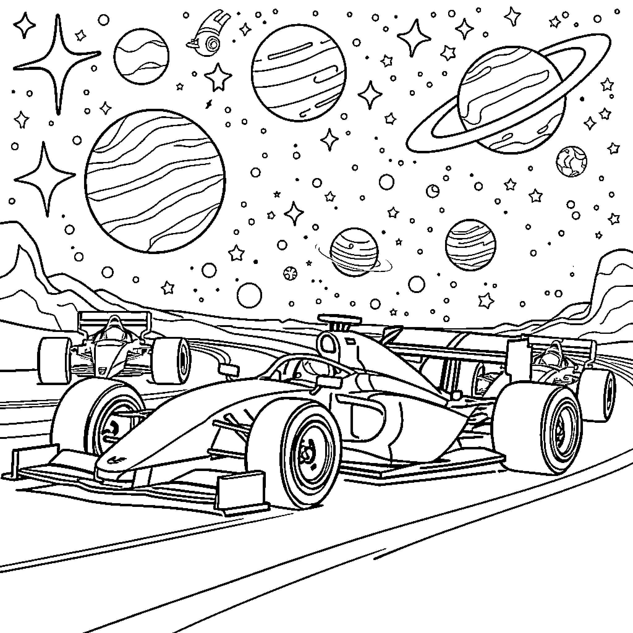 Formula One Racing in Cosmic Landscape Coloring Page (free black-and-white line drawing printable PDF for all, from beginners to advanced learners, including children, teens, adults, and seniors)