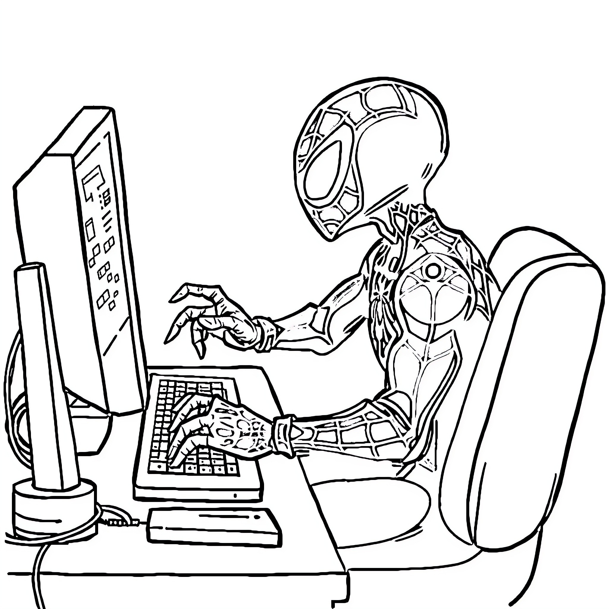 Spidy working hard at computer Coloring Page (free black-and-white line drawing printable PDF for all, from beginners to advanced learners, including children, teens, adults, and seniors)