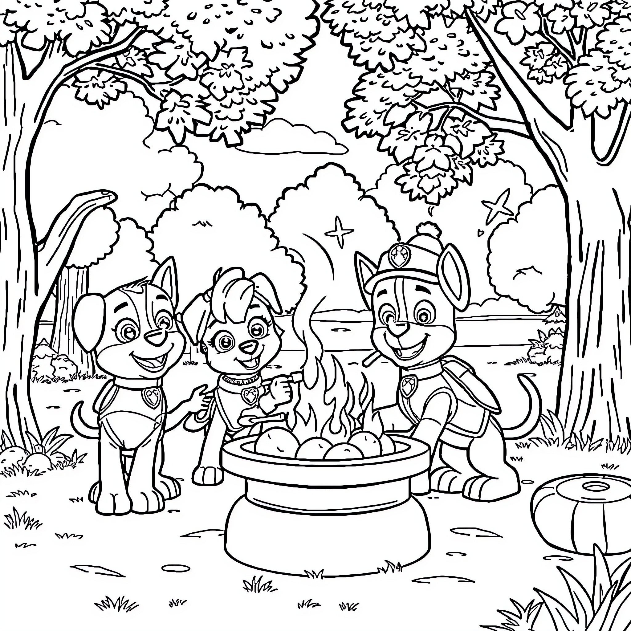 Paw Patrol Pups Enjoy Campfire Fun in the Woods Coloring Page (free black-and-white line drawing printable PDF for all, from beginners to advanced learners, including children, teens, adults, and seniors)