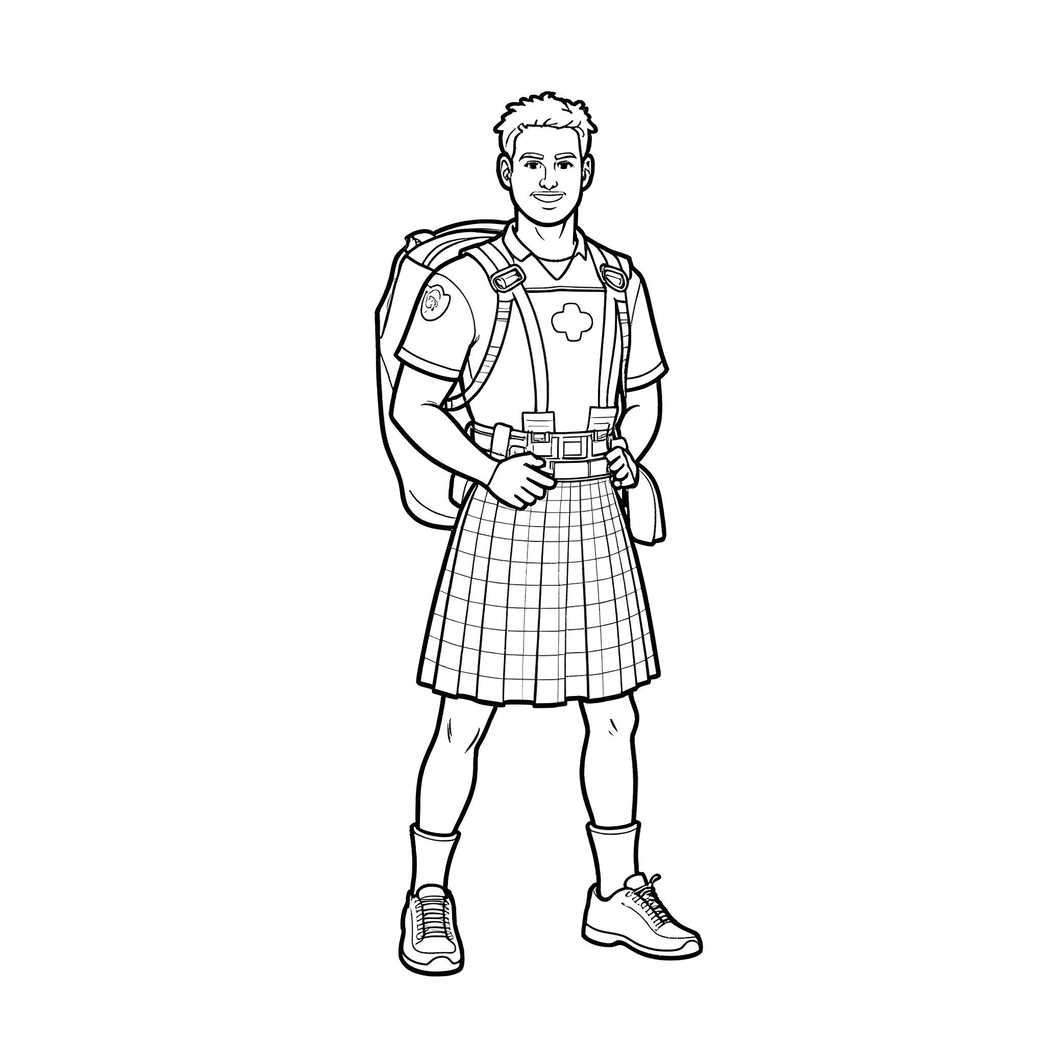 Paramedic in uniform with medical gear Coloring Page (free black-and-white line drawing printable PDF for all, from beginners to advanced learners, including children, teens, adults, and seniors)