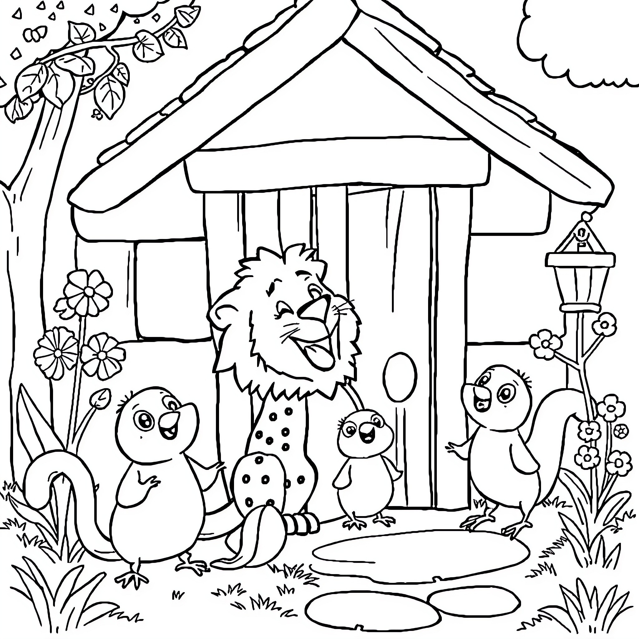 Parrot and friends enjoying a day in the cozy birdhouse Coloring Page (free black-and-white line drawing printable PDF for all, from beginners to advanced learners, including children, teens, adults, and seniors)