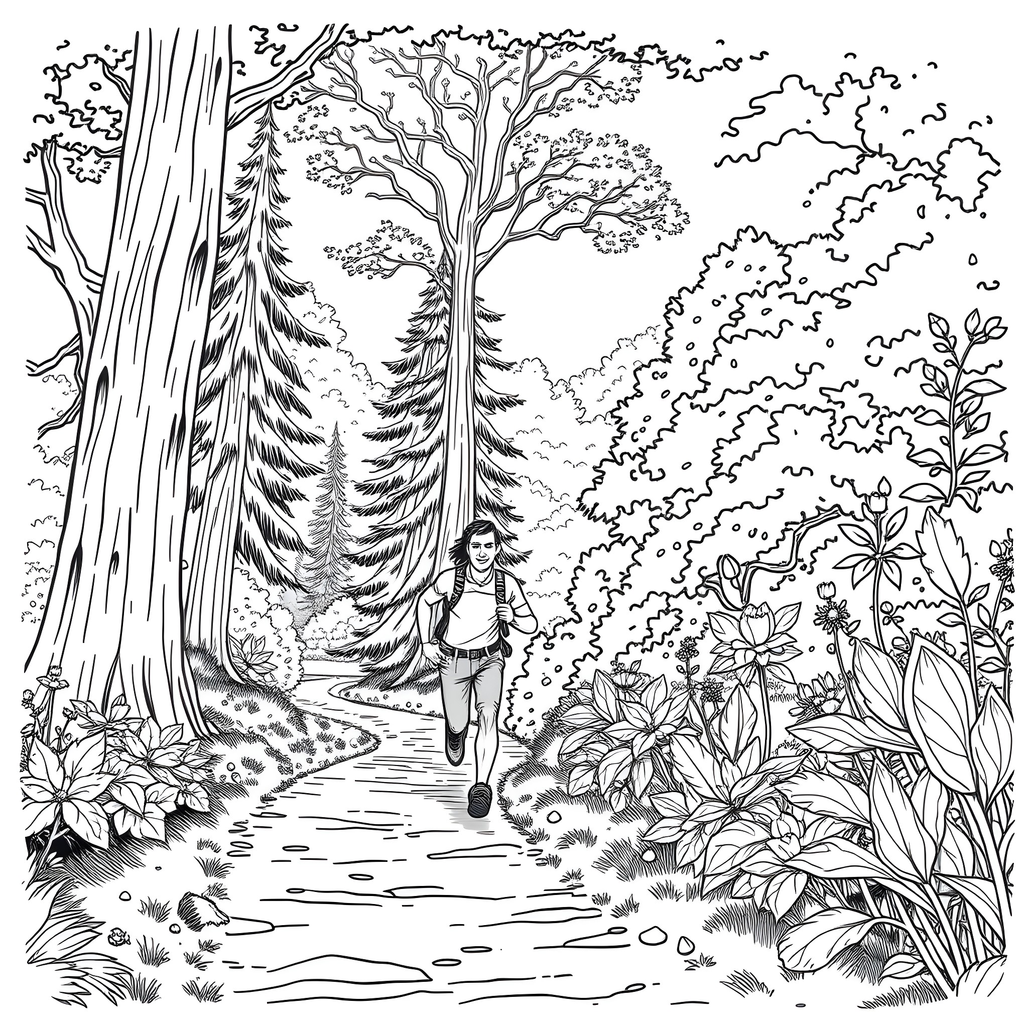 Man walking through enchanted forest landscape Coloring Page (free black-and-white line drawing printable PDF for all, from beginners to advanced learners, including children, teens, adults, and seniors)