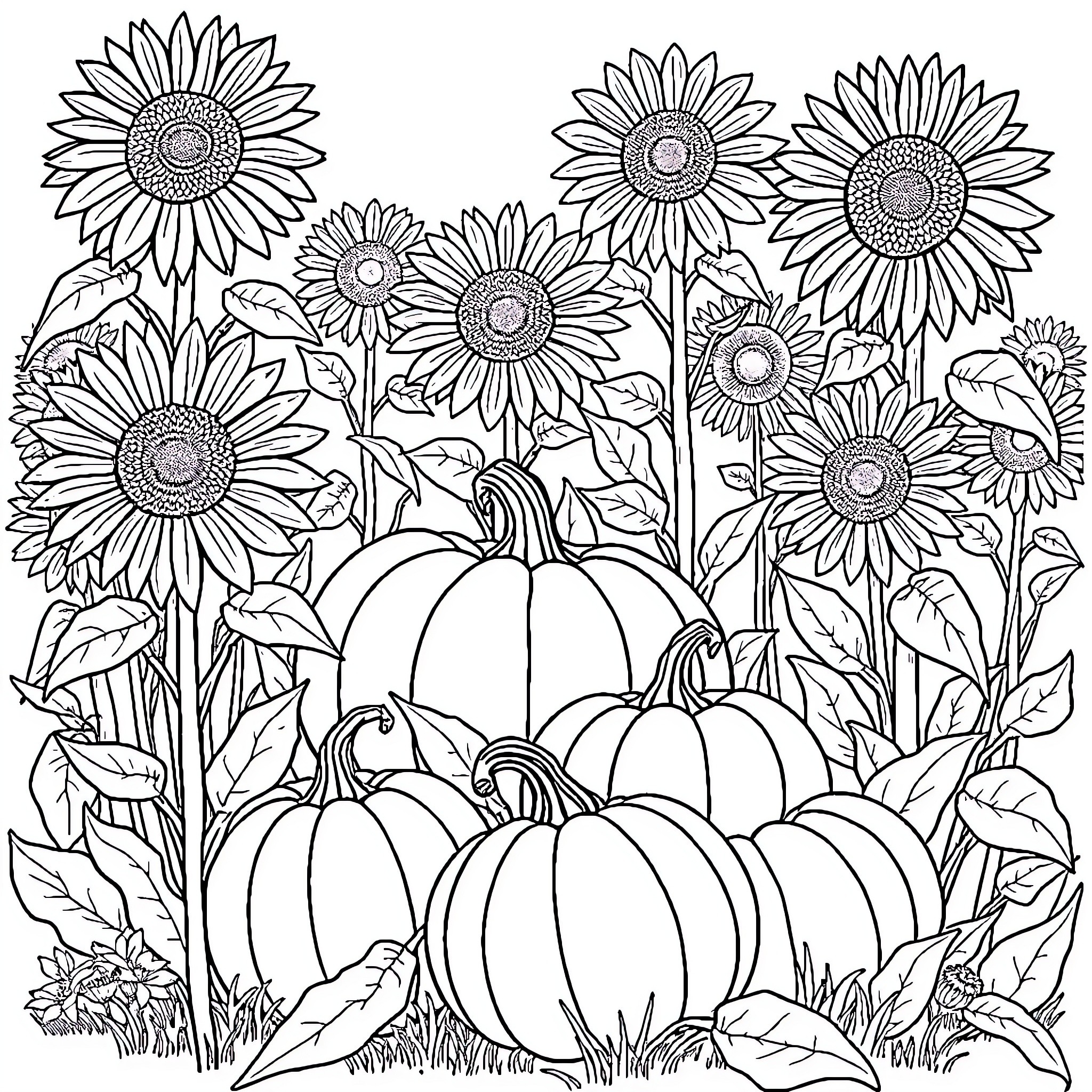 Pumpkins in a Sunflower Patch Coloring Page (free black-and-white line drawing printable PDF for all, from beginners to advanced learners, including children, teens, adults, and seniors)