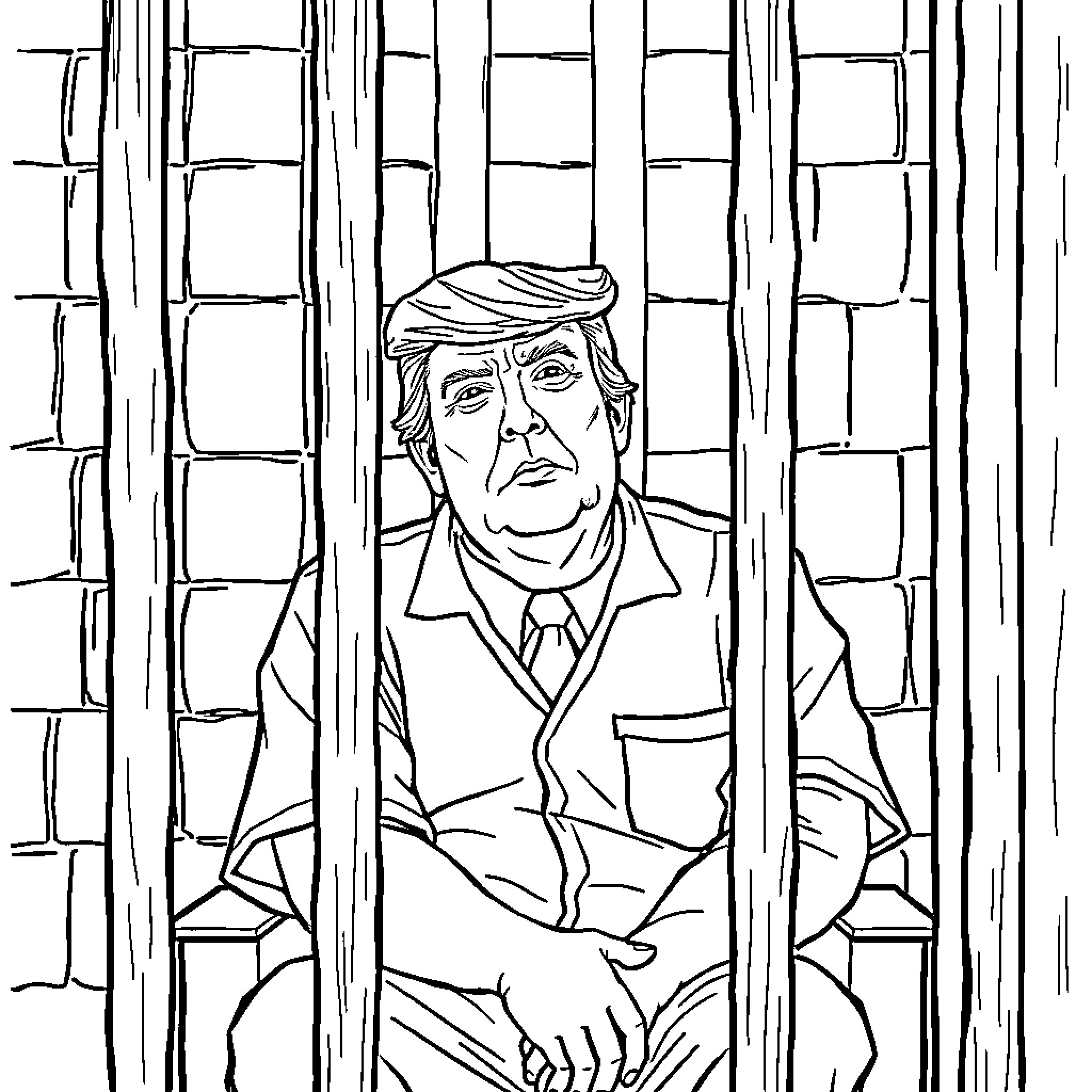 Donald Trump behind bars in a stark, monochrome setting Coloring Page (free black-and-white line drawing printable PDF for all, from beginners to advanced learners, including children, teens, adults, and seniors)