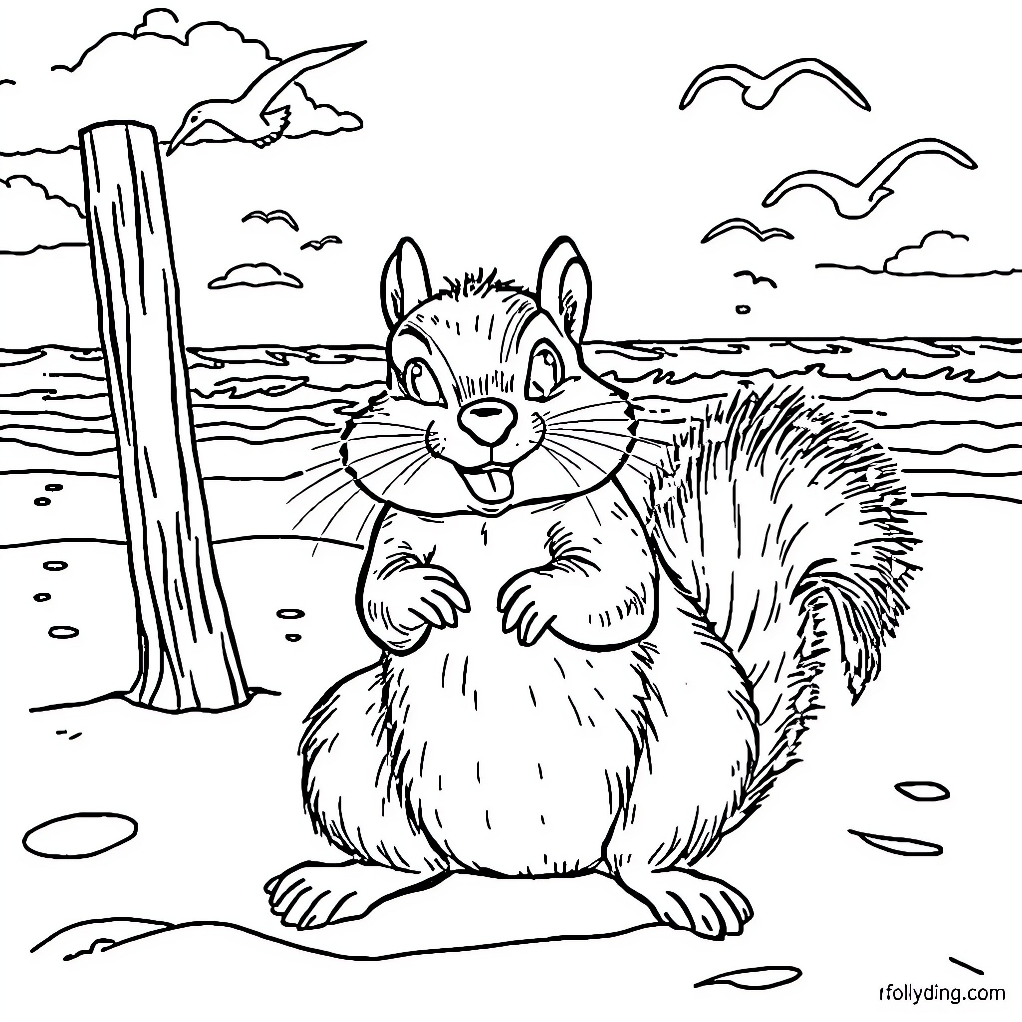 Squirrel enjoying the beach scenery Coloring Page (free black-and-white line drawing printable PDF for all, from beginners to advanced learners, including children, teens, adults, and seniors)