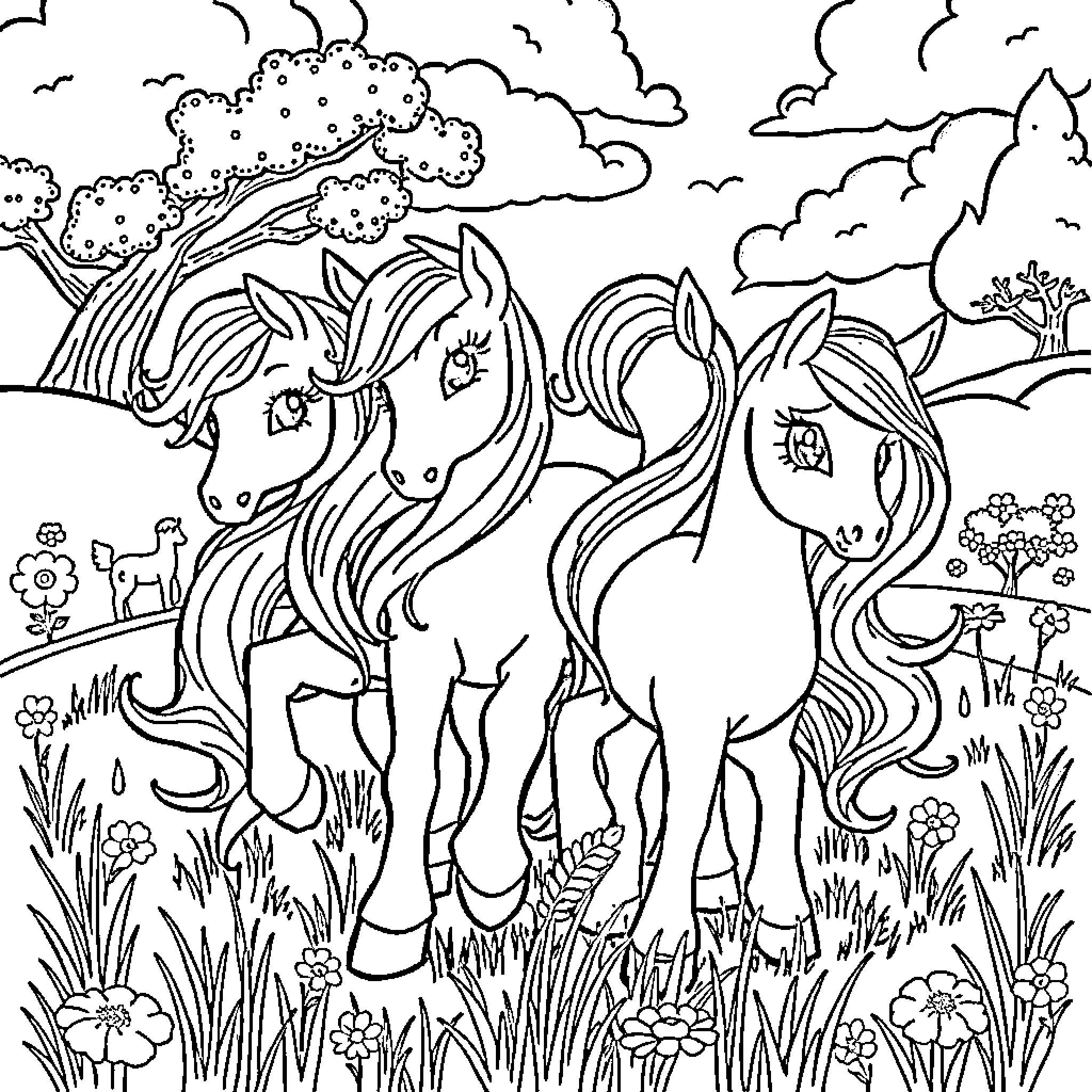 Pony ponies grazing in a lush meadow Coloring Page (free black-and-white line drawing printable PDF for all, from beginners to advanced learners, including children, teens, adults, and seniors)