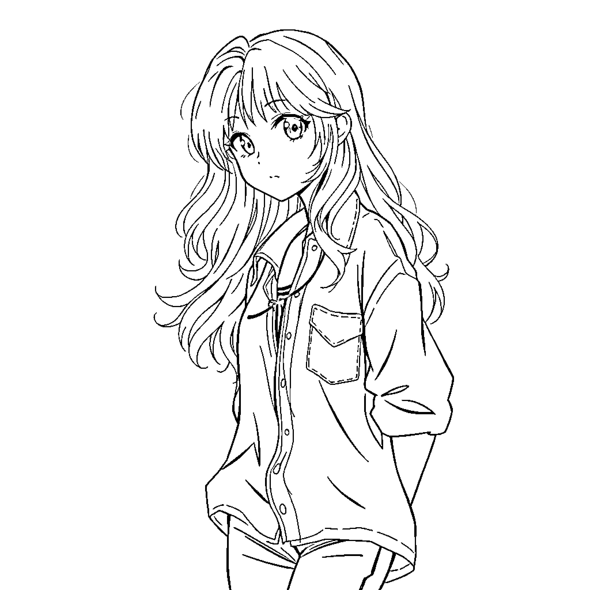 Anime Girl in Casual Outfit with Flowing Hair Coloring Page (free black-and-white line drawing printable PDF for all, from beginners to advanced learners, including children, teens, adults, and seniors)