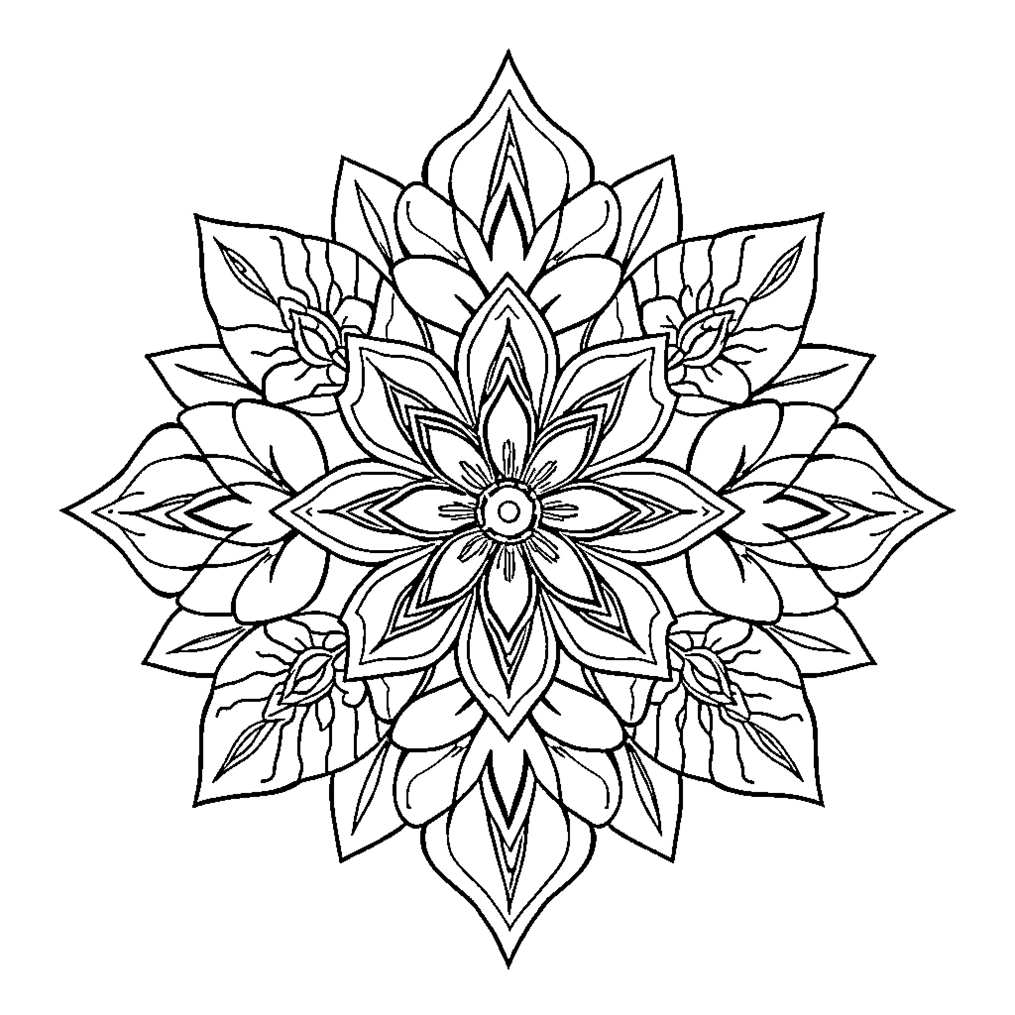 Flower Mandala Design with Intricate Petals Coloring Page (free black-and-white line drawing printable PDF for all, from beginners to advanced learners, including children, teens, adults, and seniors)