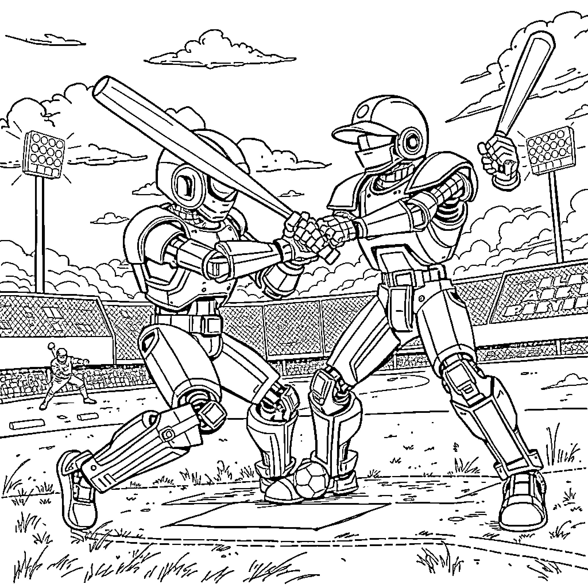 Robot baseball players on the field Coloring Page (free black-and-white line drawing printable PDF for all, from beginners to advanced learners, including children, teens, adults, and seniors)
