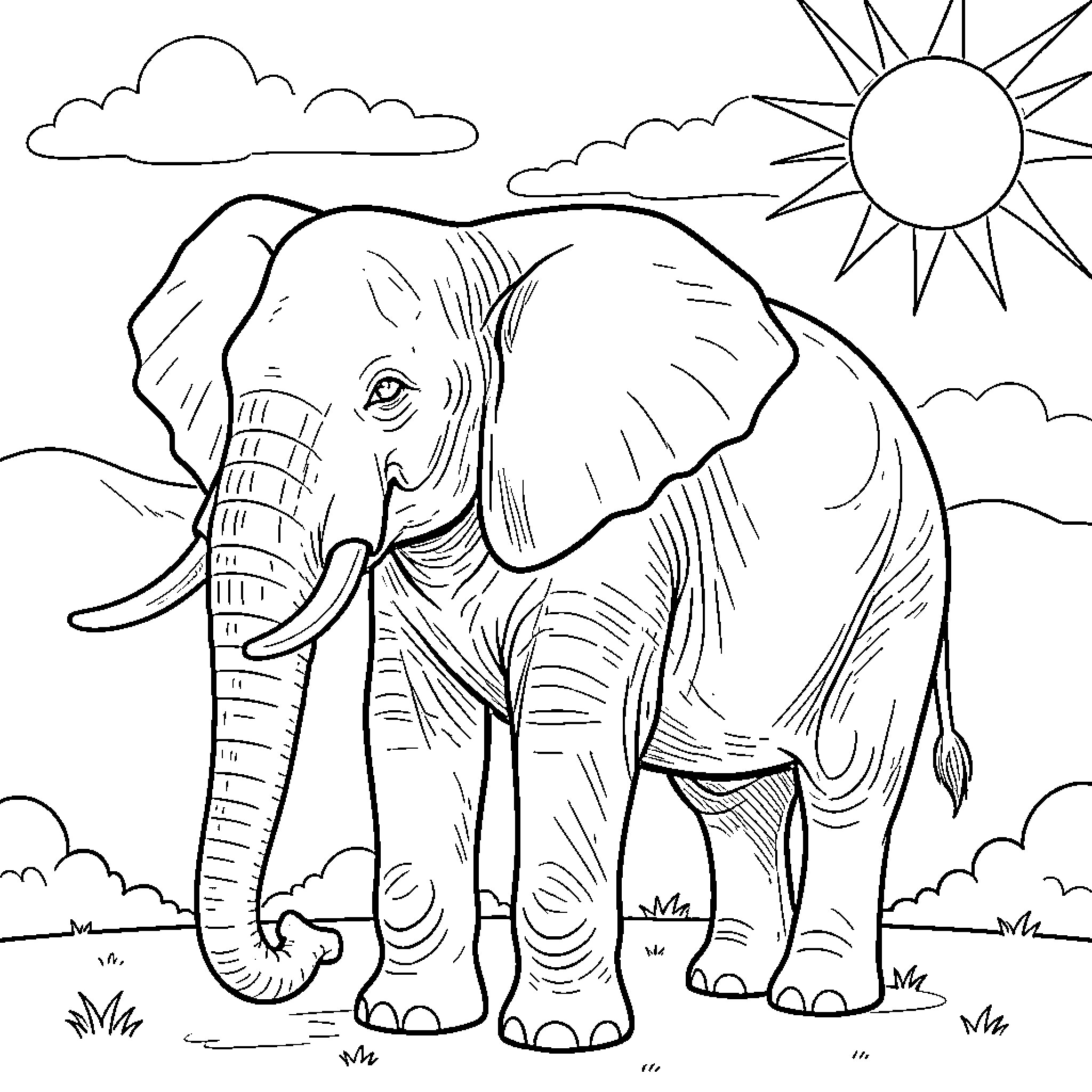 Elephant standing proudly in the sun Coloring Page (free black-and-white line drawing printable PDF for all, from beginners to advanced learners, including children, teens, adults, and seniors)