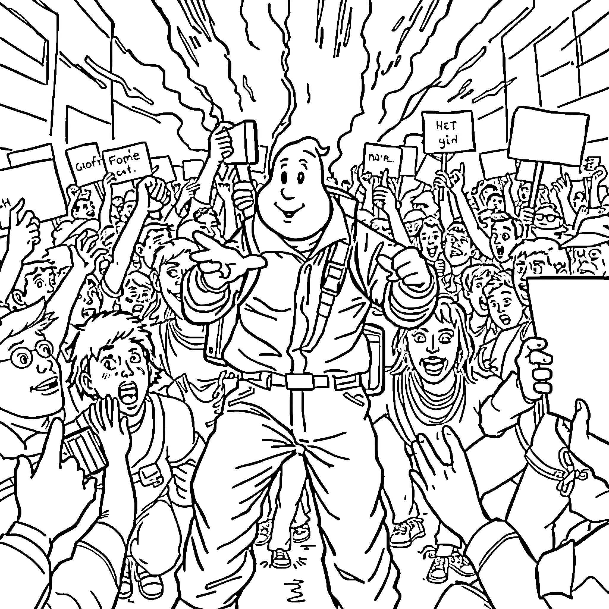 Ghostbuster rallying a crowd of supporters Coloring Page (free black-and-white line drawing printable PDF for all, from beginners to advanced learners, including children, teens, adults, and seniors)