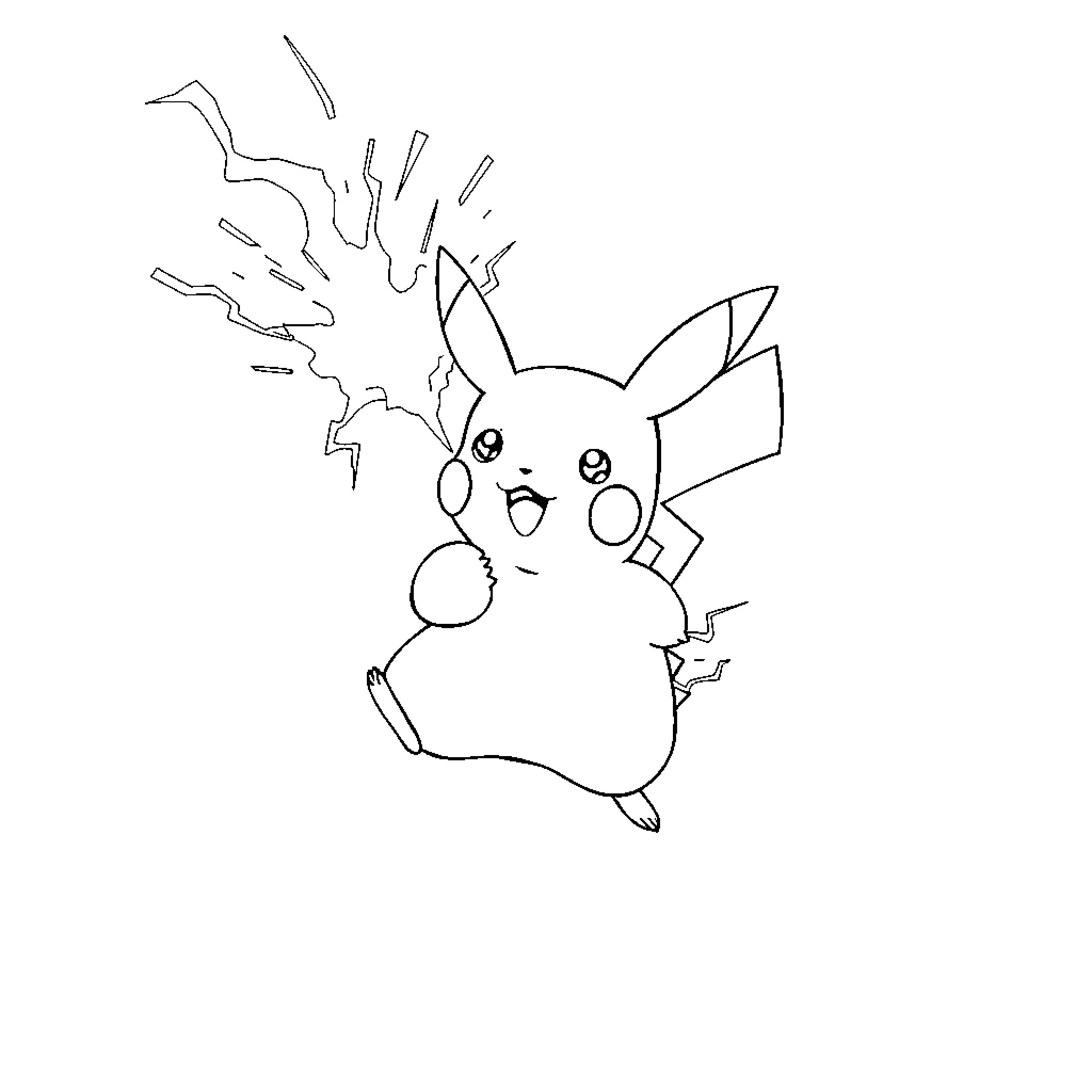 Pikachu using Thunderbolt attack Coloring Page (free black-and-white line drawing printable PDF for all, from beginners to advanced learners, including children, teens, adults, and seniors)