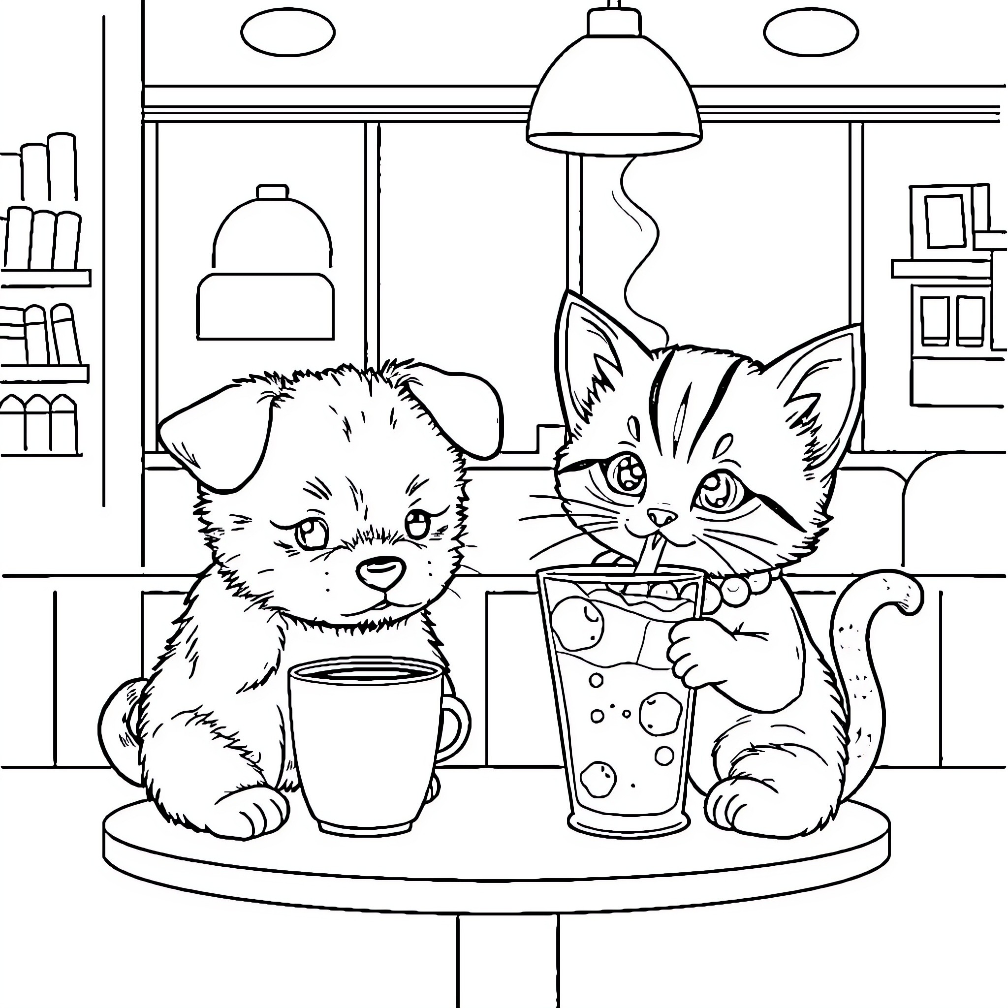 Puppy and Kitten Enjoying Beverages in Cozy Cafe Coloring Page (free black-and-white line drawing printable PDF for all, from beginners to advanced learners, including children, teens, adults, and seniors)