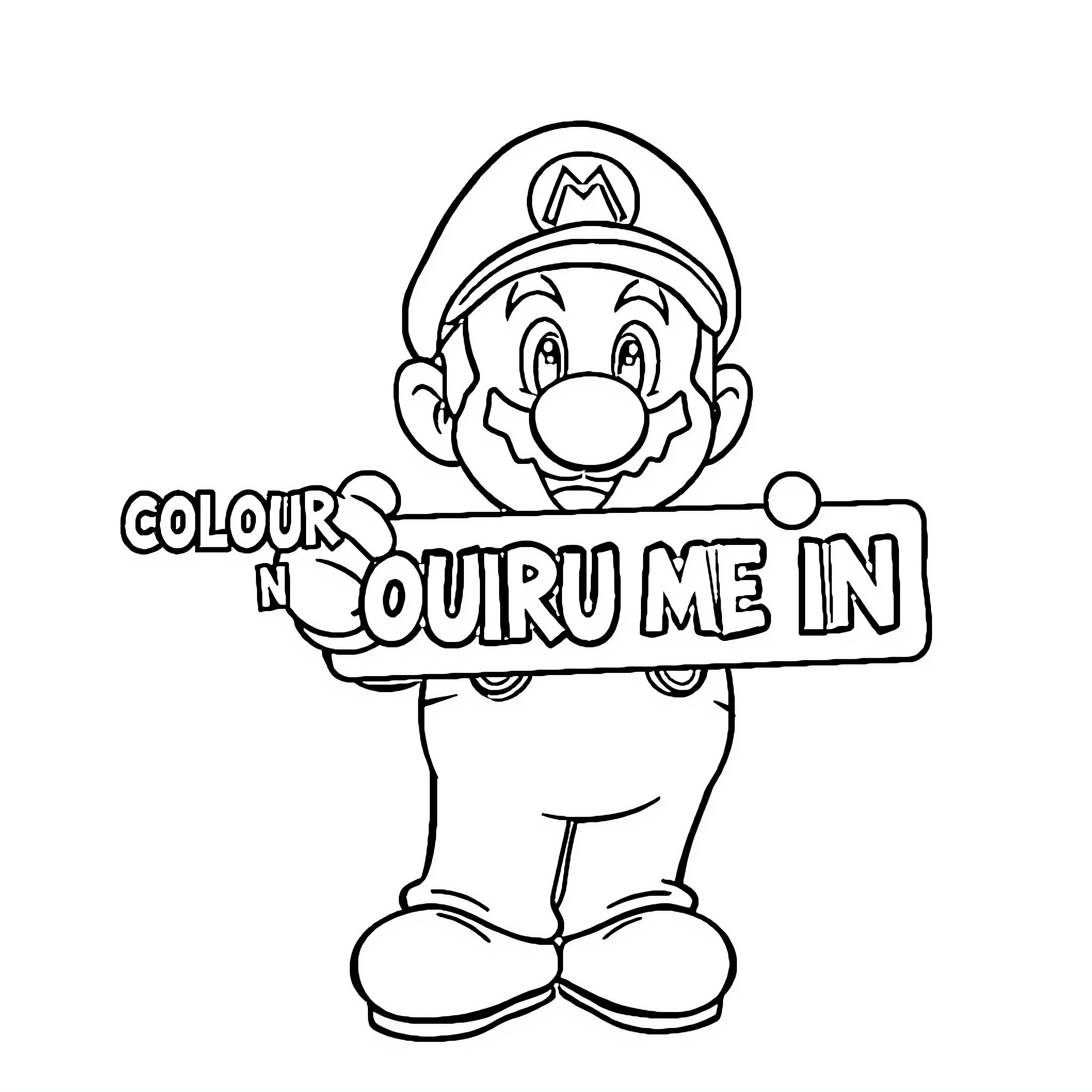Super Mario Holding a Coloring Page Sign Coloring Page (free black-and-white line drawing printable PDF for all, from beginners to advanced learners, including children, teens, adults, and seniors)