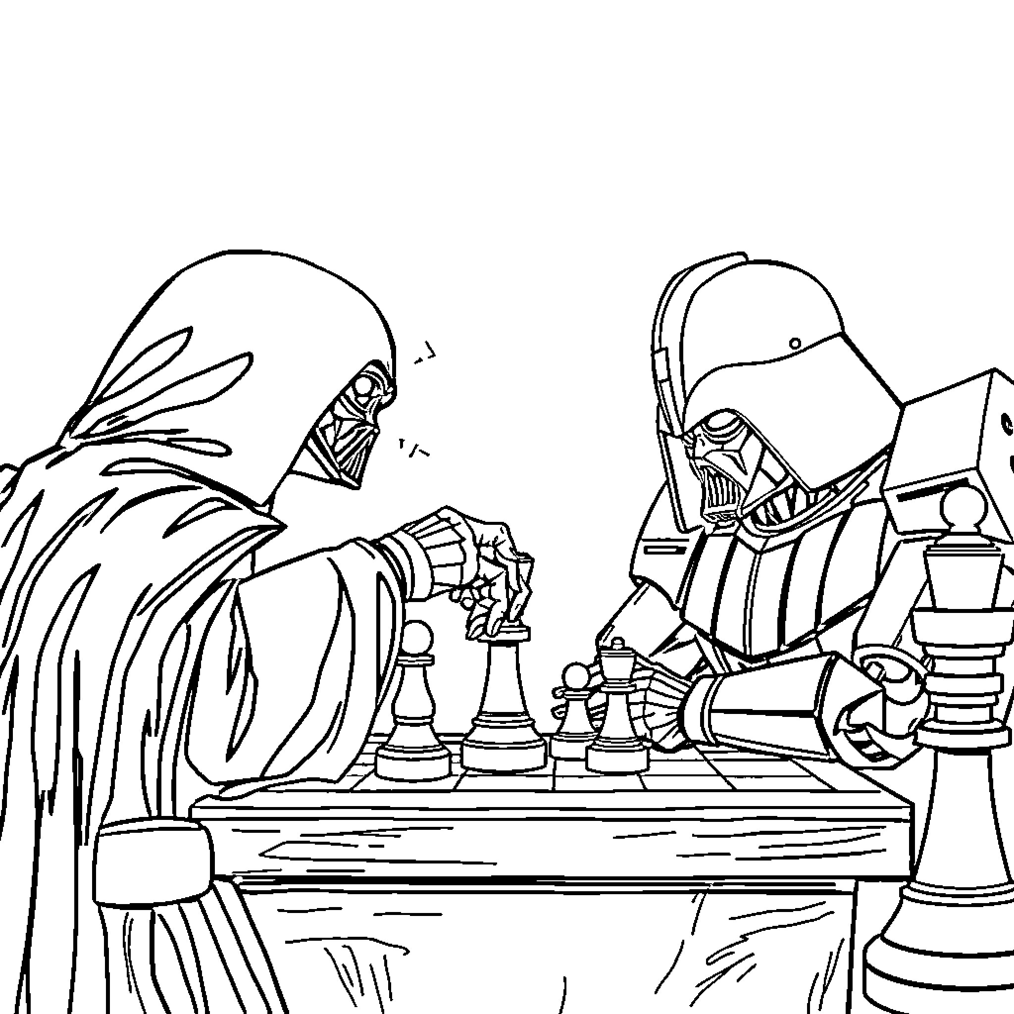 Megatron playing a game of chess with Darth Vader Coloring Page (free black-and-white line drawing printable PDF for all, from beginners to advanced learners, including children, teens, adults, and seniors)