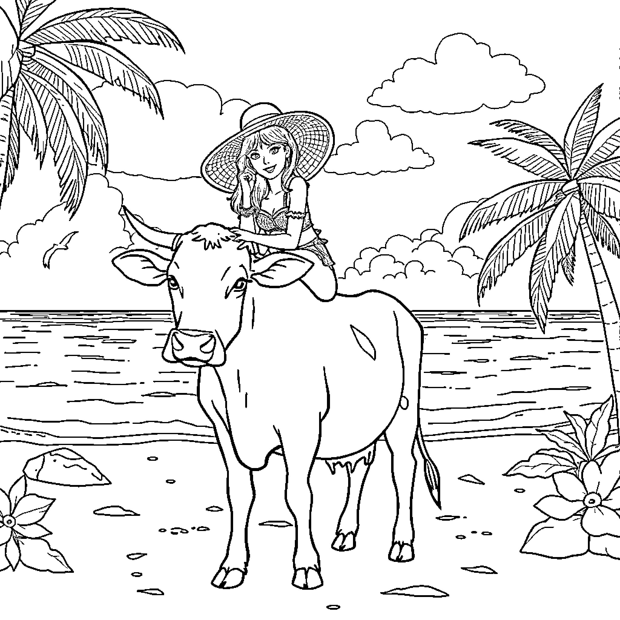 Cow enjoying a scenic tropical beach Coloring Page (free black-and-white line drawing printable PDF for all, from beginners to advanced learners, including children, teens, adults, and seniors)