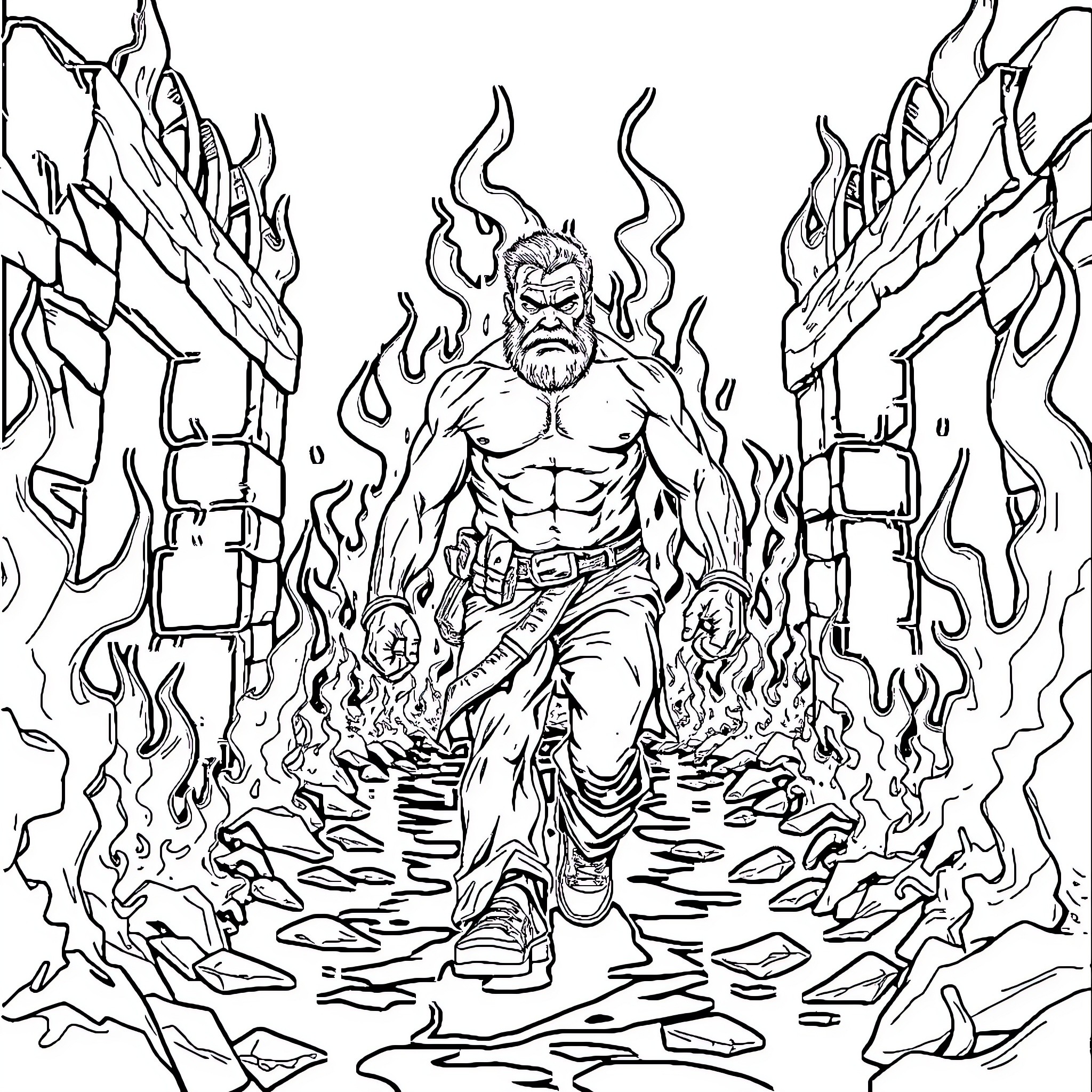 Man wielding flaming sword in fiery ruins Coloring Page (free black-and-white line drawing printable PDF for all, from beginners to advanced learners, including children, teens, adults, and seniors)
