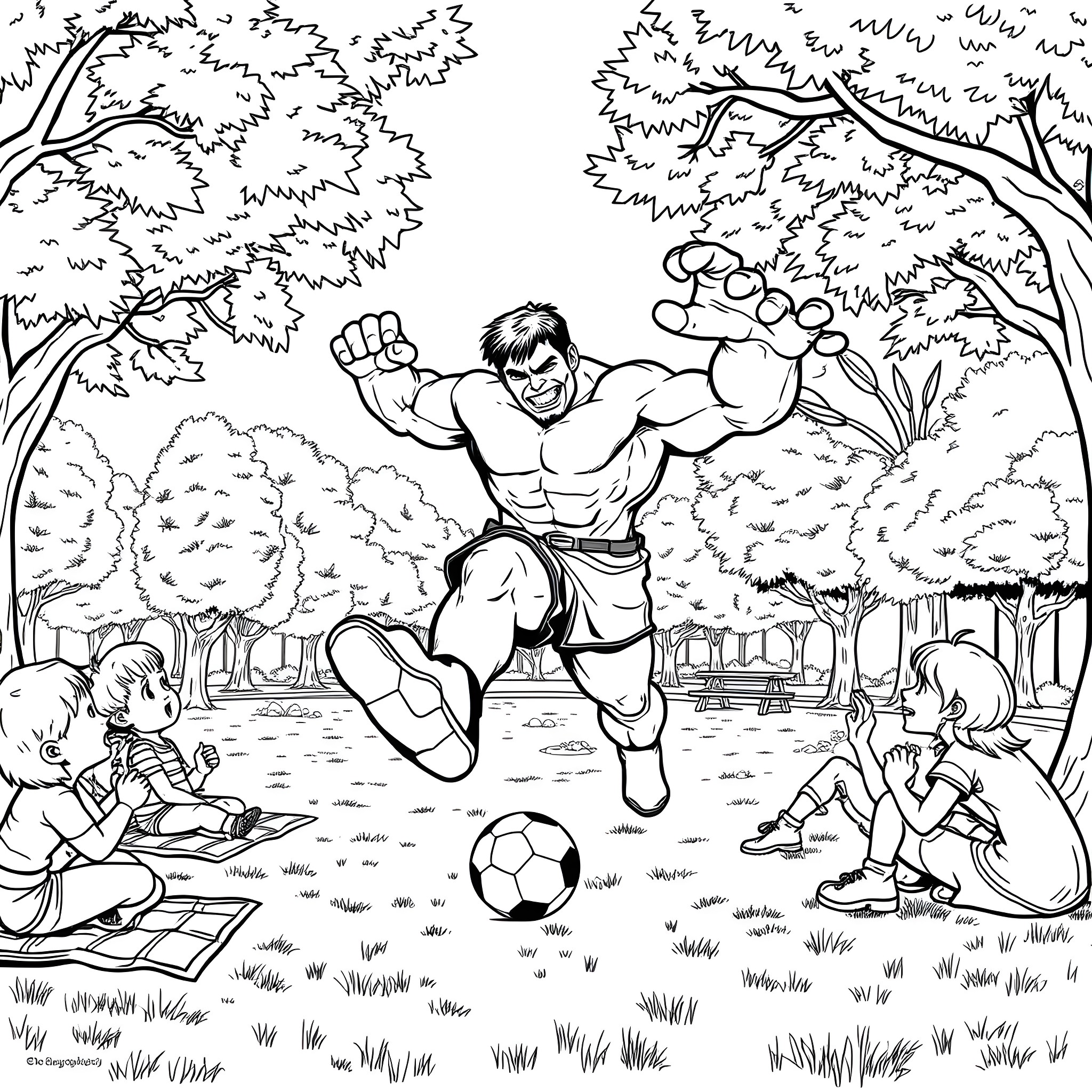 Hulk playing soccer with children in the forest Coloring Page (free black-and-white line drawing printable PDF for all, from beginners to advanced learners, including children, teens, adults, and seniors)